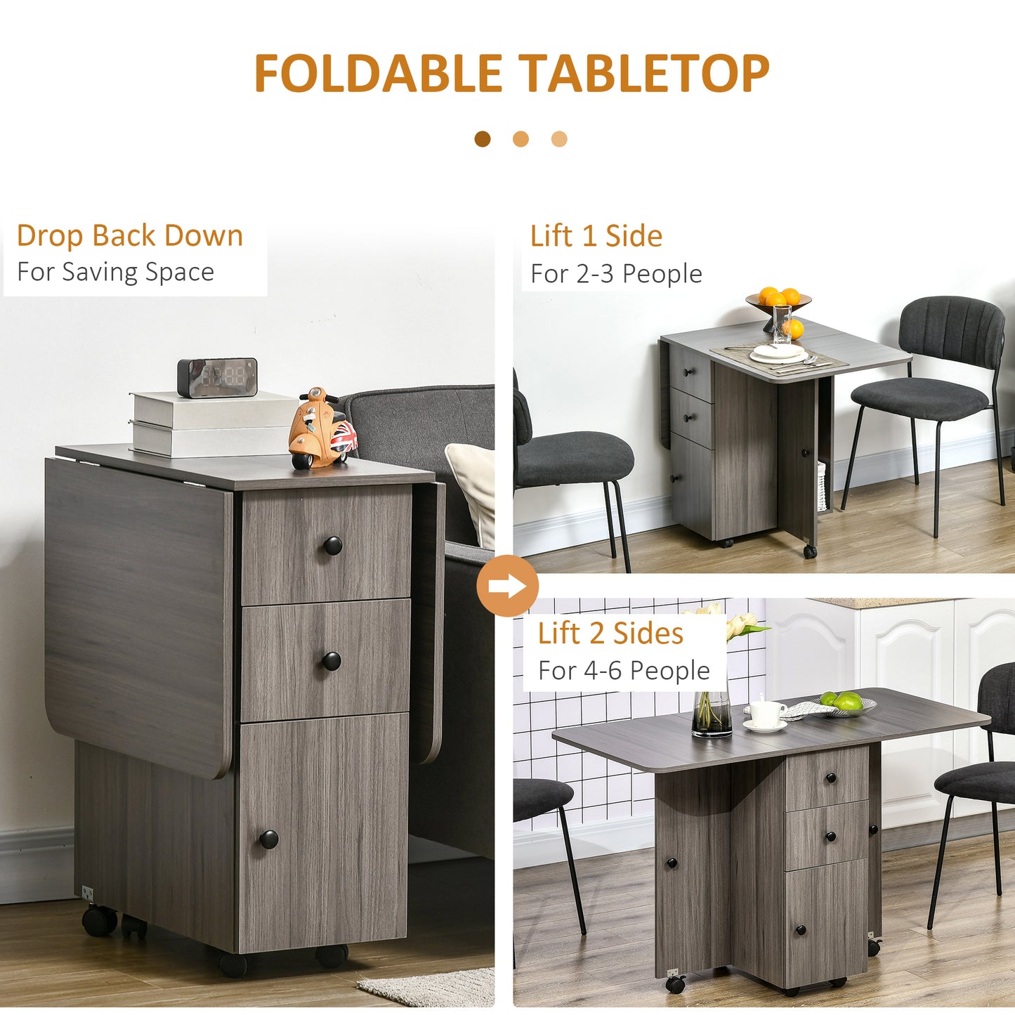 Foldable Dining Table, Rolling Kitchen Table With Storage Drawers and Cabinet, Drop Leaf Table on Wheels, Grey