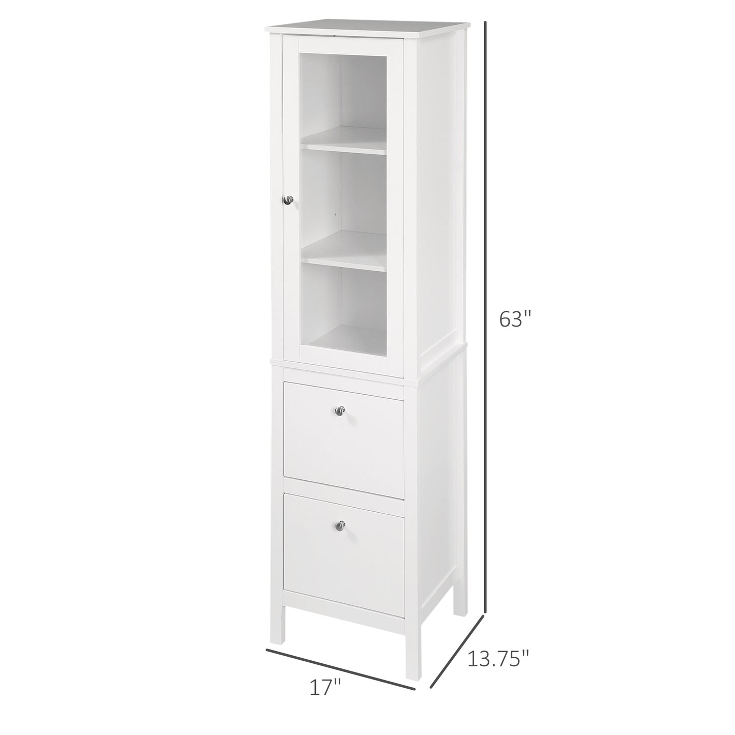 Tall Bathroom Cabinet with Tempered Glass Door, Storage Organizer, Freestanding Linen Tower with 2 Adjustable Shelves and 2 Drawers