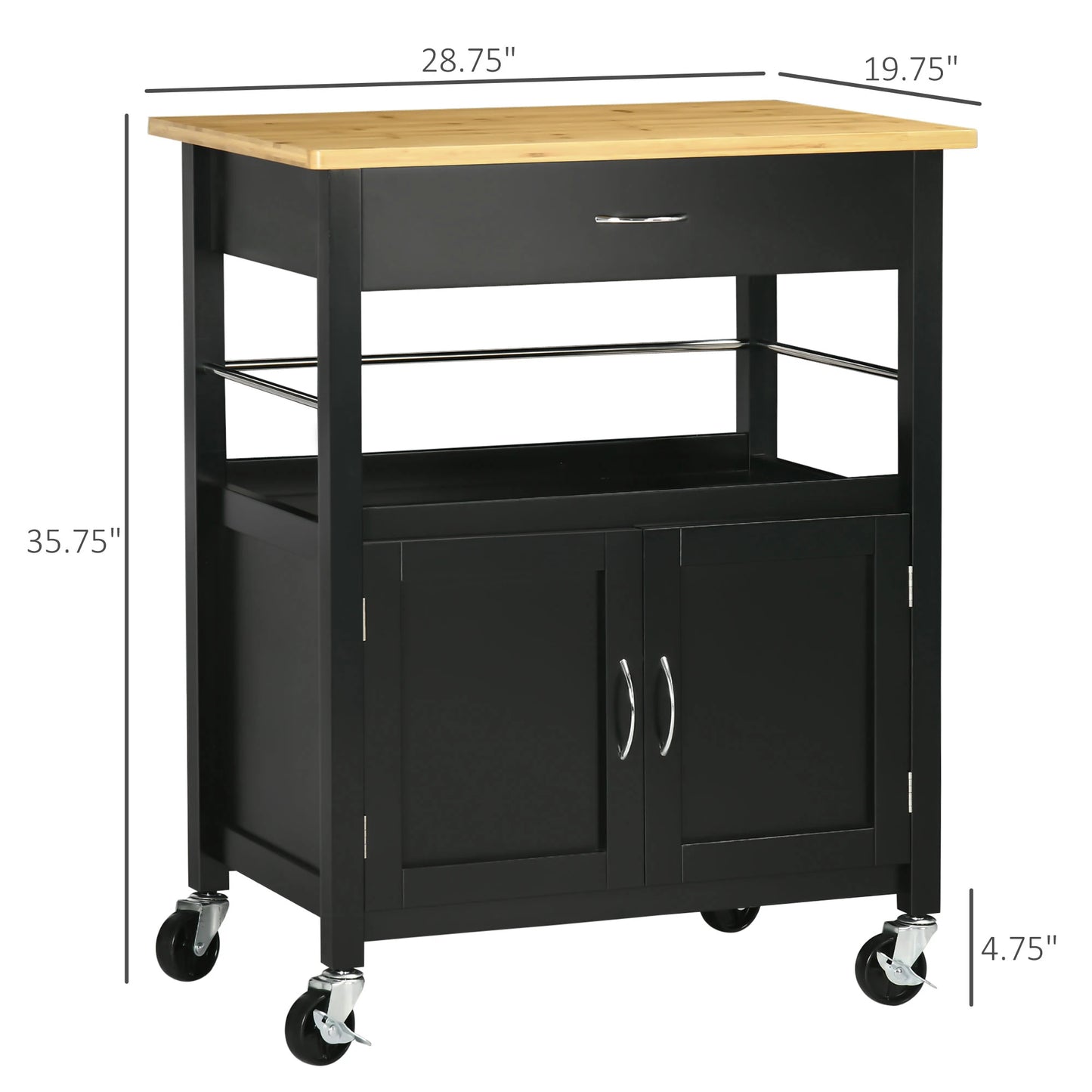 Kitchen Cart, Utility Trolley, Small Kitchen Island with Storage Drawer & Side Hooks for Dining Room, Black