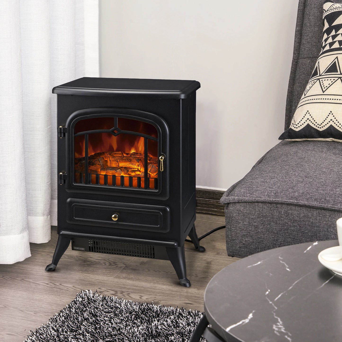 16" Freestanding Electric Fireplace Heater Fire Stove with Wood Burning Flame 750/1500W Black