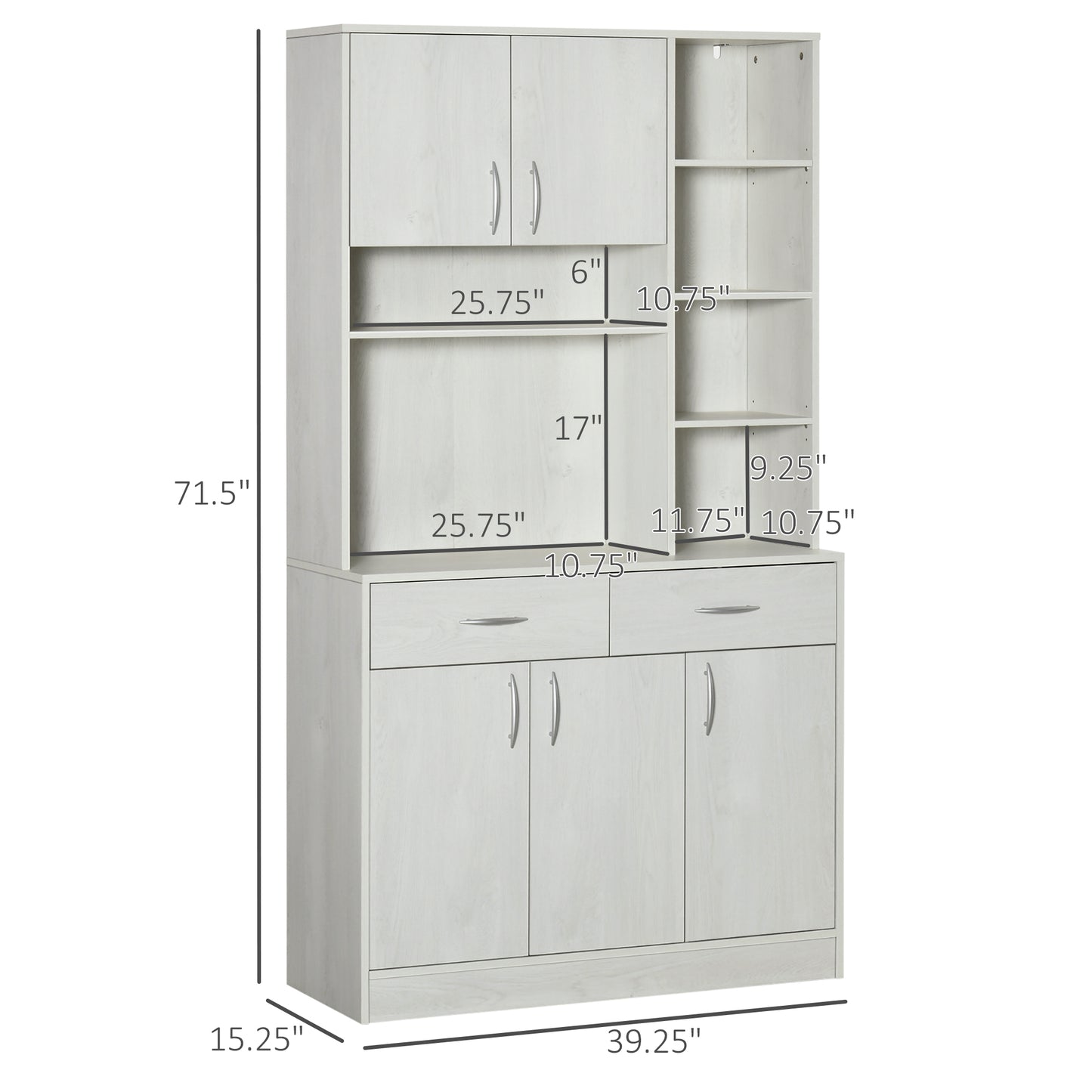 71" Kitchen Hutch with Storage Cabinet, Modern Buffet with Hutch, Cupboard with Drawers for Living Dining Room, Ash White