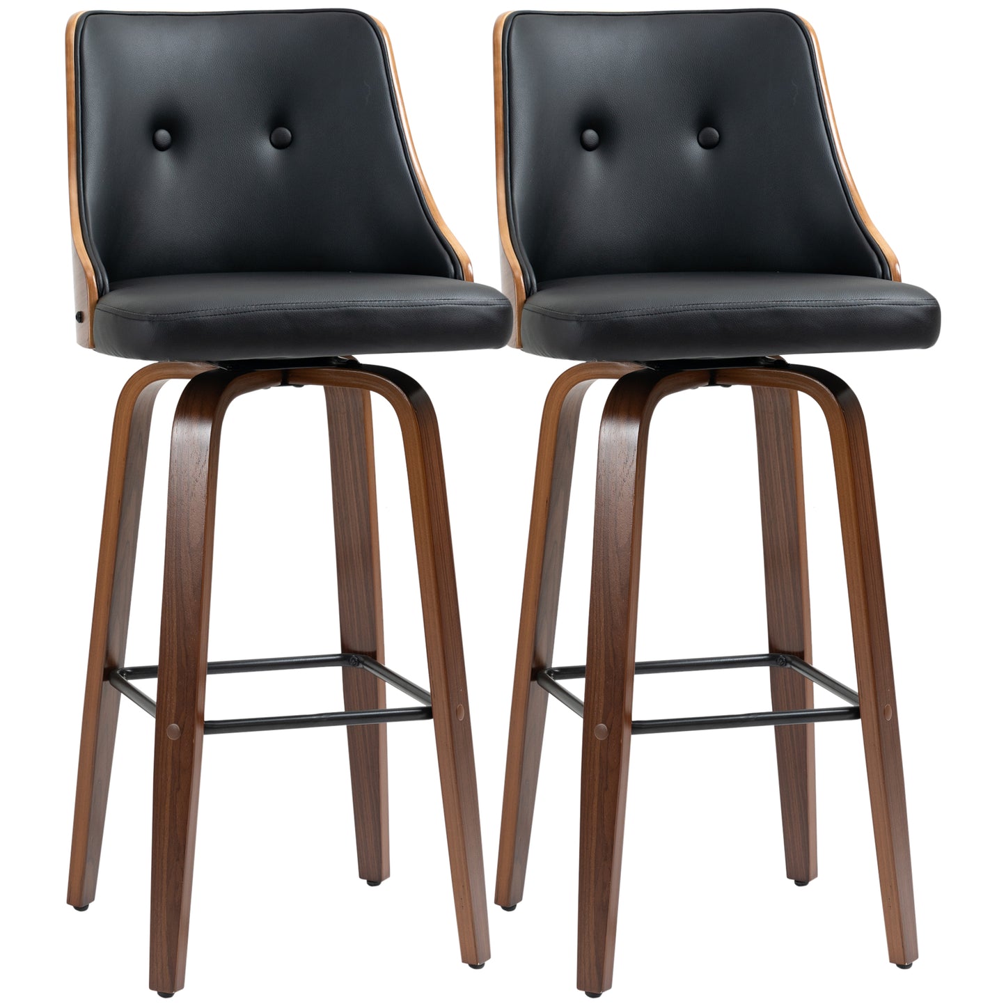 Counter Height Bar Stools Set of 2 PU Leather Swivel Barstools with Footrest and Tufted Back, Black