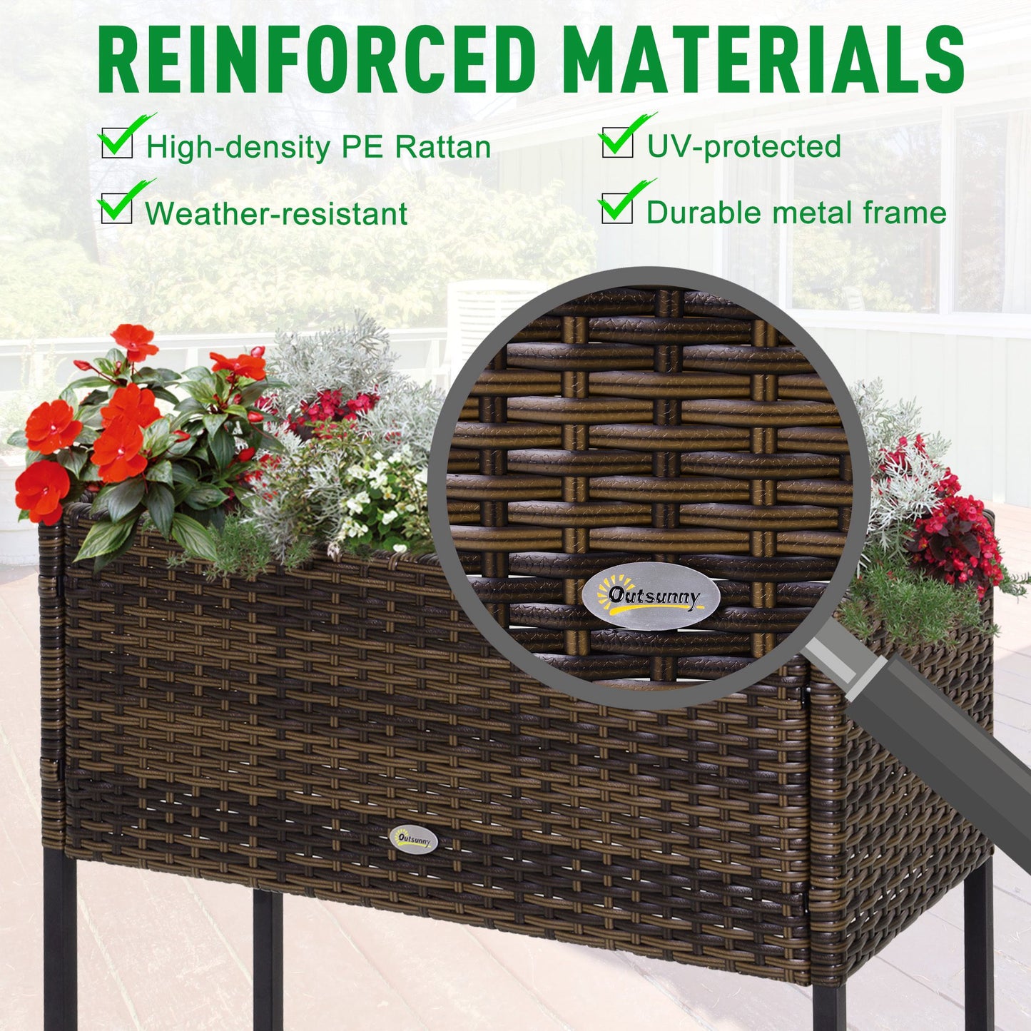 Outsunny Modern Elevated Metal Raised Garden Bed with Rattan Wicker Look, Underneath Tool Storage Rack, Brown