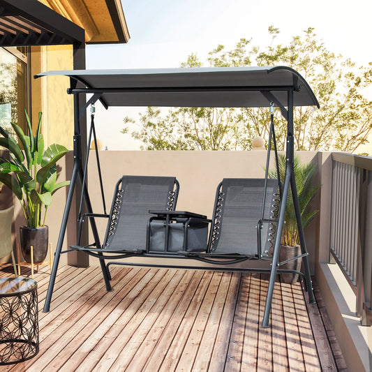 Outsunny 2 Person Covered Porch Swing with Pivot Storage Table, Cup Holder, & Adjustable Overhead Canopy, Grey