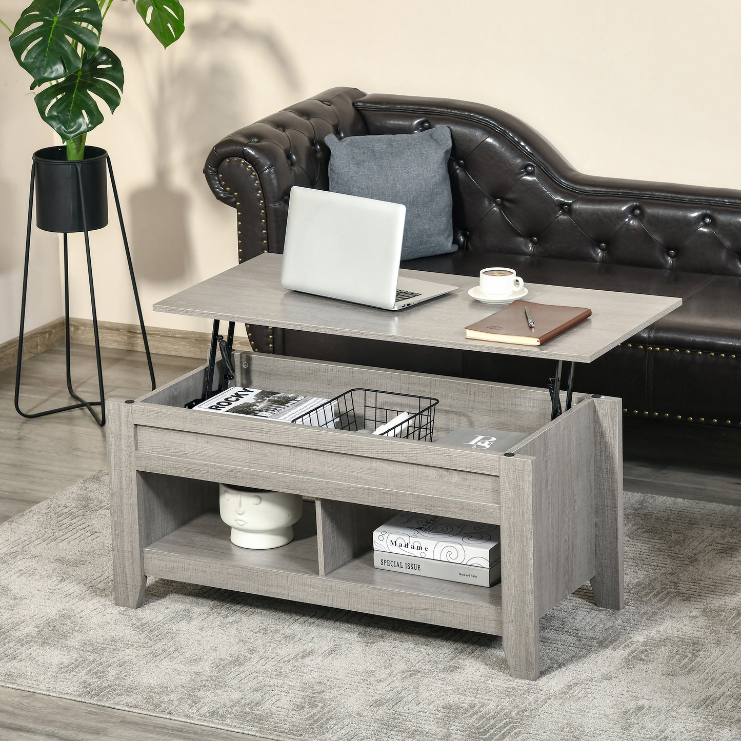 Coffee Table with Hidden Storage Compartment and Open Shelves, Lift Tabletop Pop-Up Center Table for Living Room, Light Grey