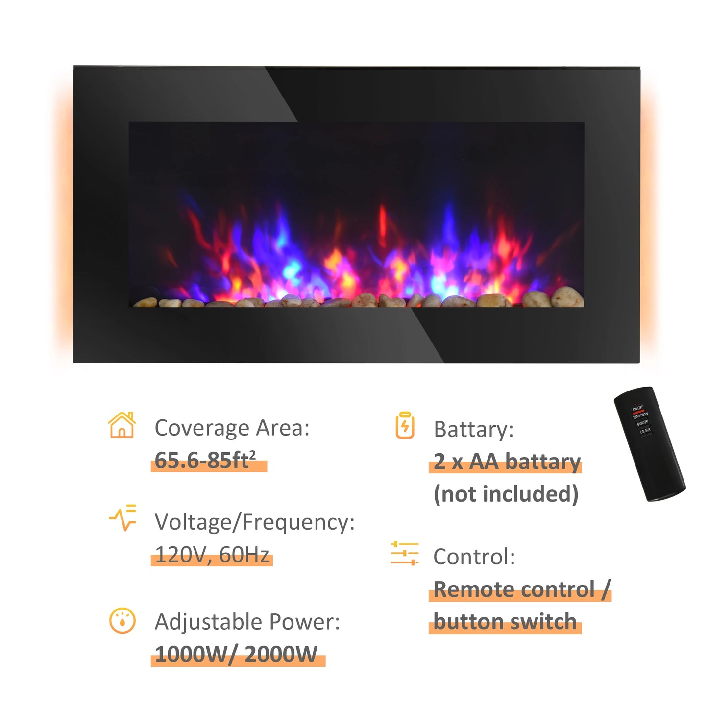 36" Wall-Mounted Electric Fireplace, 750/1500W Fireplace Heater with Flame Effect, 7 Color Background Light and Side Light, Black