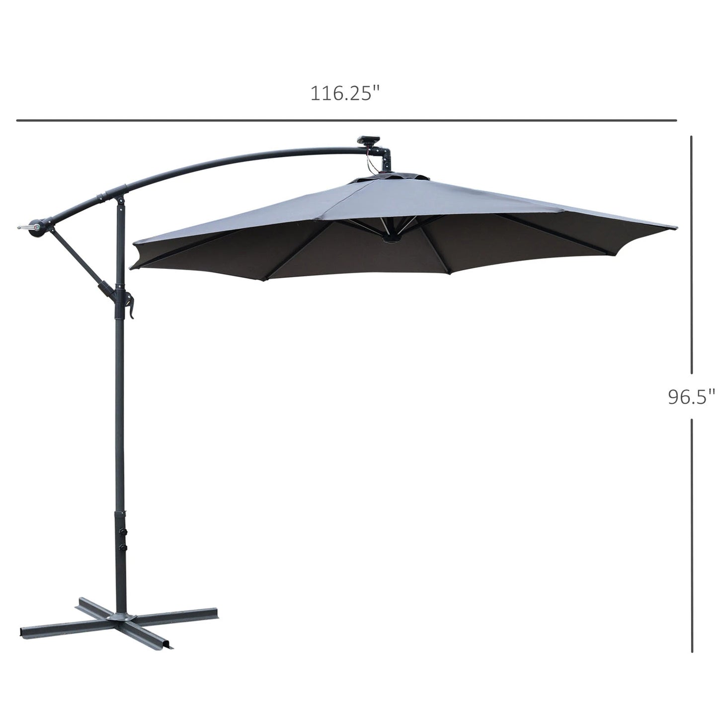 Outsunny 10ft Cantilever Solar Hanging Offset Umbrella LED Lights Market Parasol Crank w/Cross Base Grey