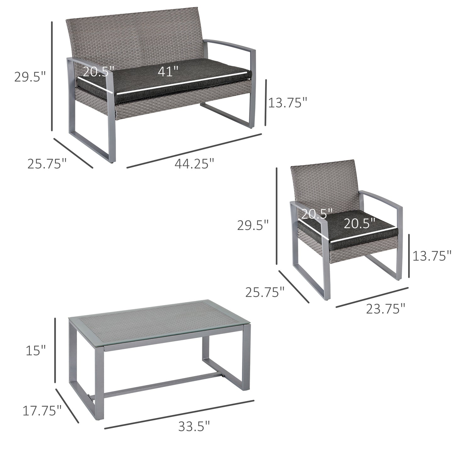 Outsunny 4 PCs PE Rattan Wicker Sofa Set Outdoor Conservatory Furniture Lawn Patio Coffee Table w/ Cushion, Grey