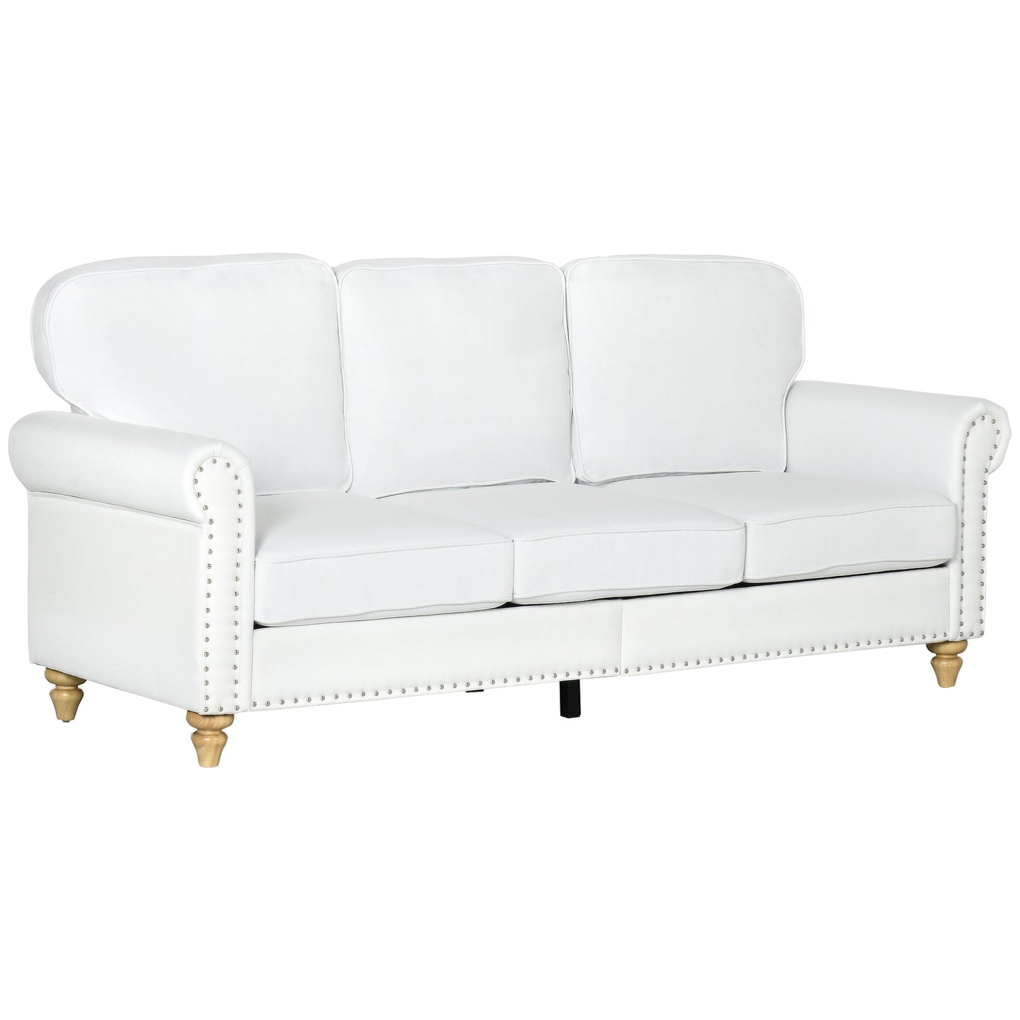 3-Seater Sofa Couch, 81" Modern Linen Fabric Sofa with Rubberwood Legs, Studded Trim and Rolled Arms for Living Room, Bedroom and Apartment, White