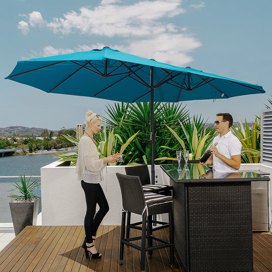 Outsunny 15' Outdoor Patio Umbrella with Twin Canopy Sunshade Steel Table Umbrella with Lift Crank, Sky Blue