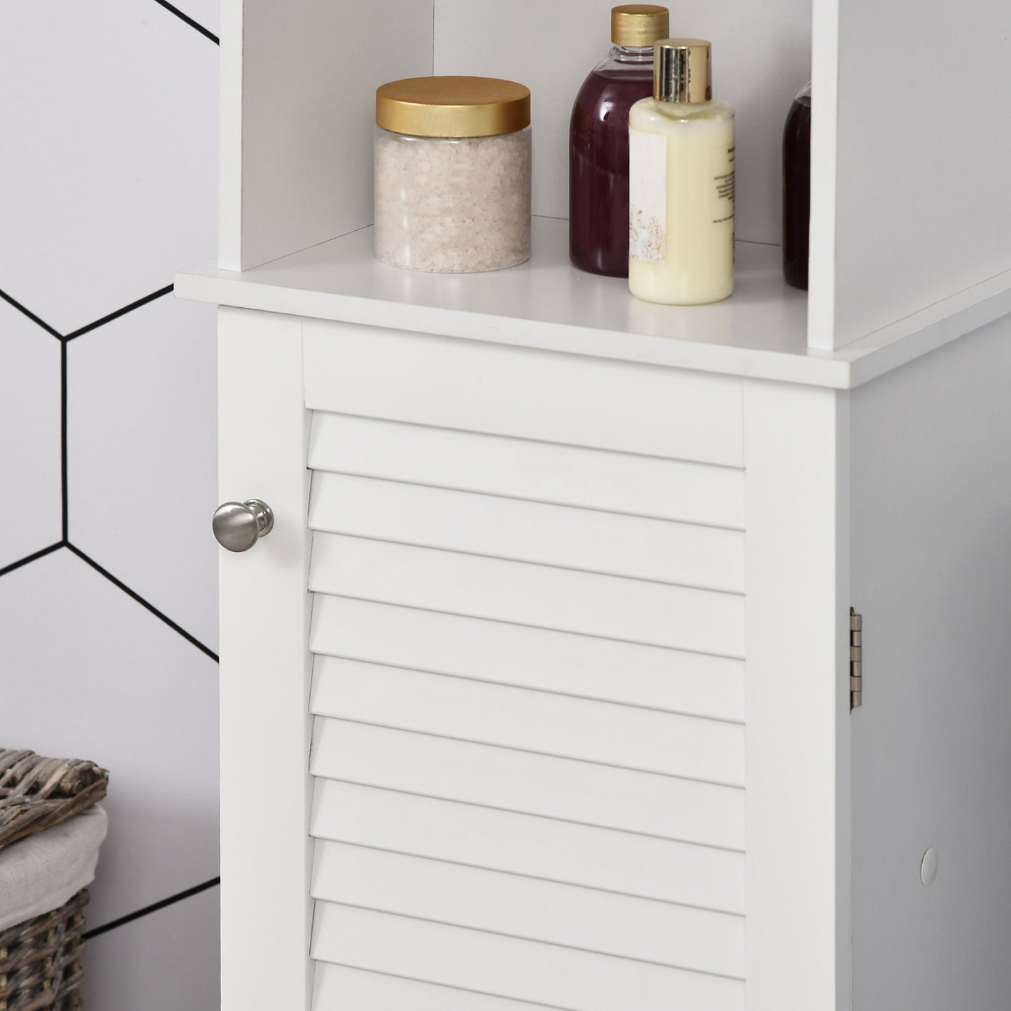 Tall Bathroom Storage Cabinet, Freestanding Linen Tower with 3-Tier Open Adjustable Shelf and Cupboard, White