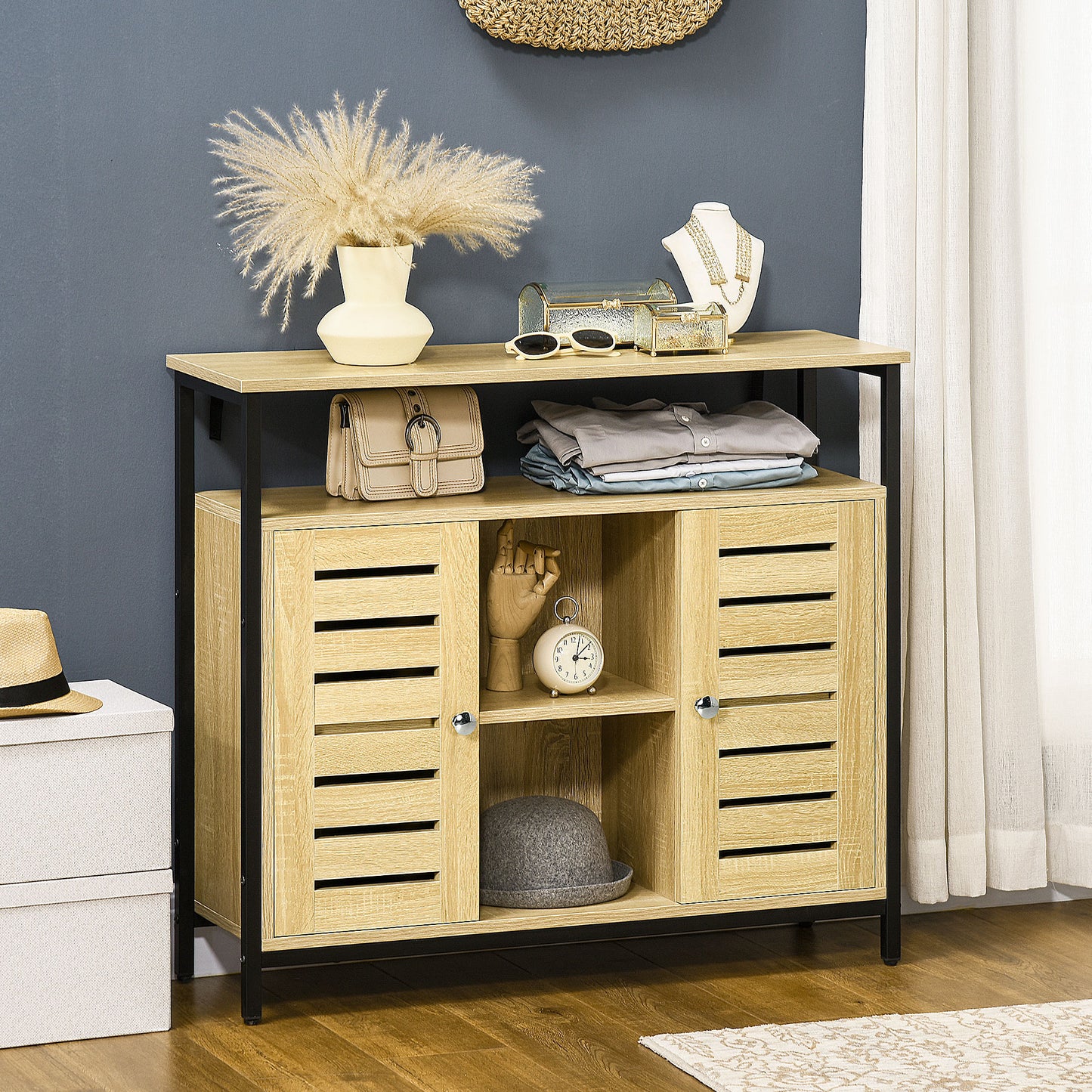 Industrial Sideboard Buffet Cabinet, Kitchen Storage Cabinet w/ Open Shelves, 2 Door Cupboards for Living Room, Natural