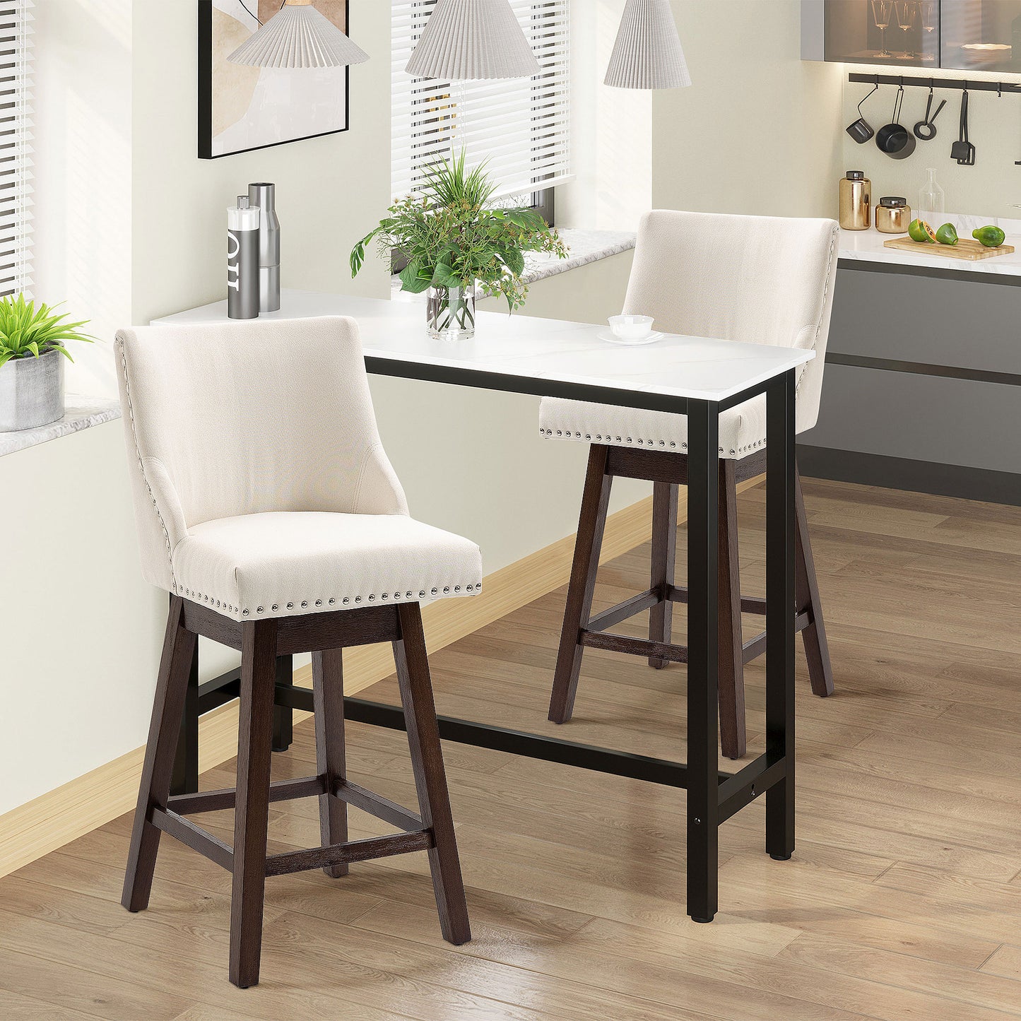 Swivel Bar stool Set of 2 Armless Upholstered Bar Chairs with Nailhead-Trim, Wood Legs, Cream White