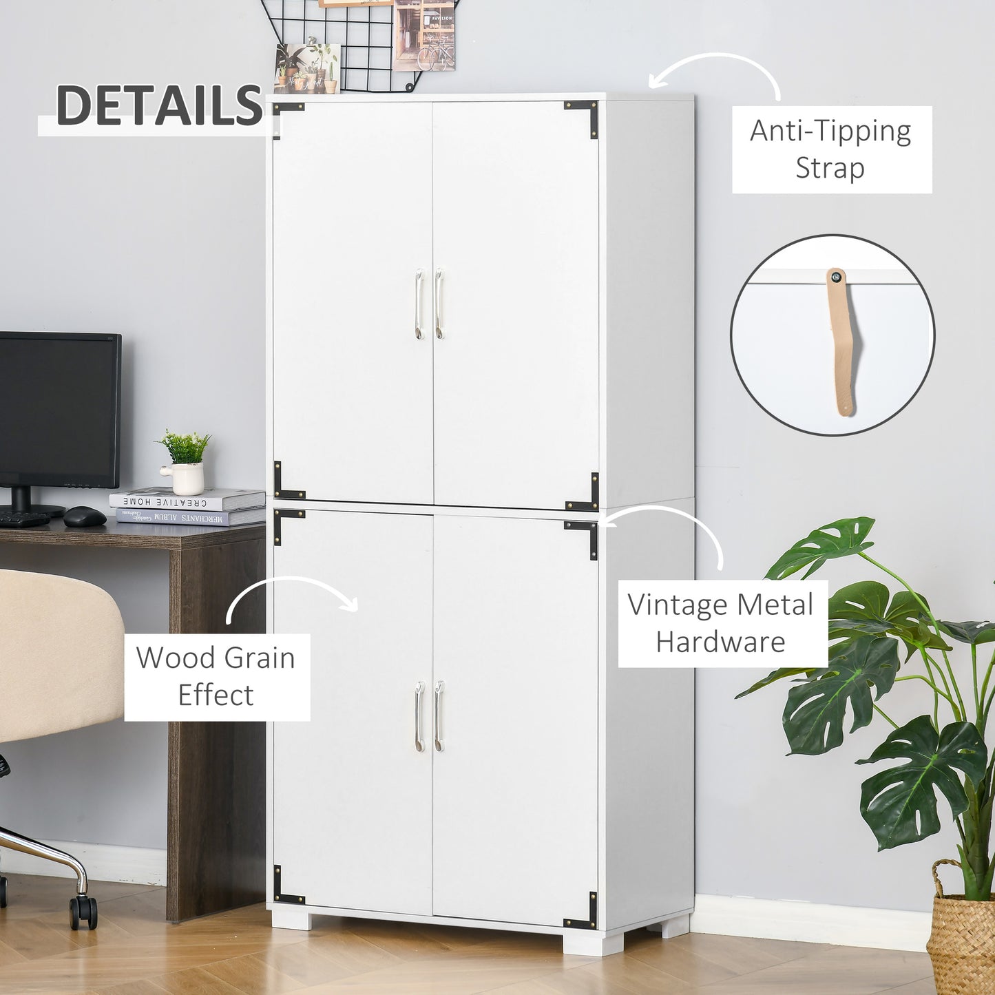 Industrial kitchen Pantry Storage Cabinet with 4 Doors, Cupboard with Shelves for Bedroom and Living Room, White