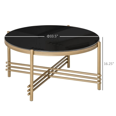 Round Coffee Table with Tempered Glass Top and Golden Metal Legs, Accent Cocktail Table for Living Room