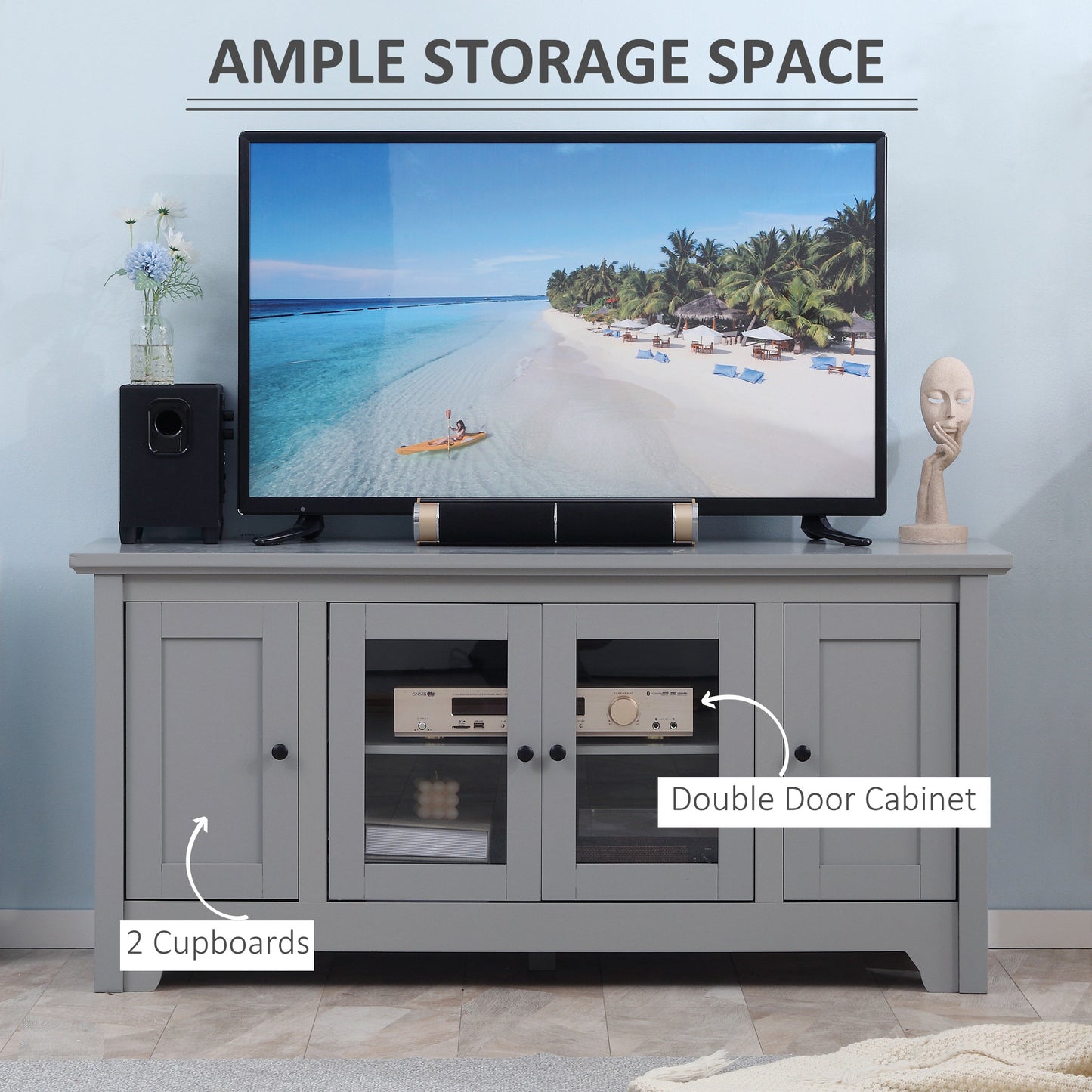 Modern TV Cabinet for TVs up to 60", TV Stand with Glass Door Cabinets and Adjustable Shelf, Media Console with Cupboards Cable Holes, Grey