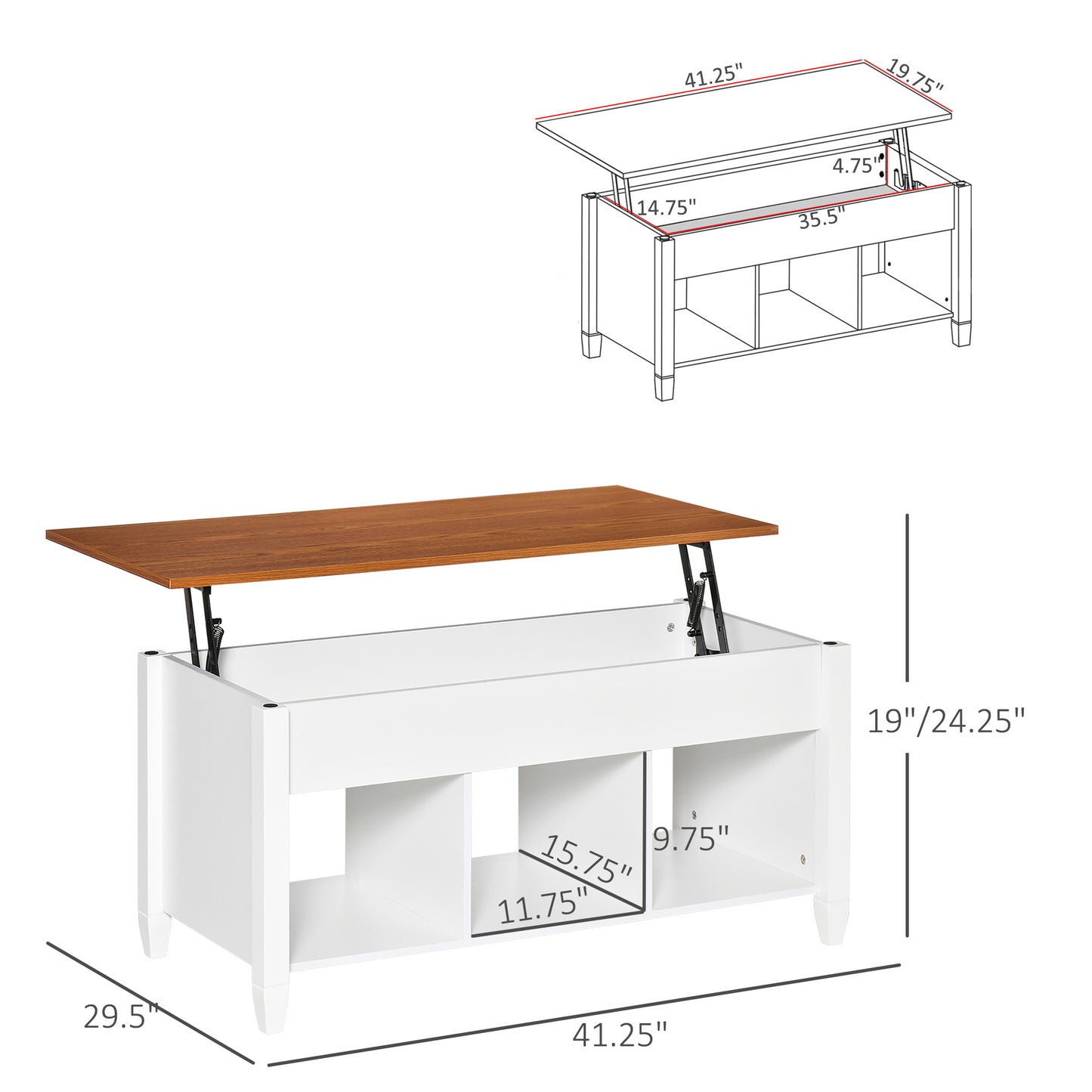 Lift Top Coffee Table with Hidden Storage Compartment and 3 Lower Shelves, Pop-Up Center Table for Living Room, White and Brown