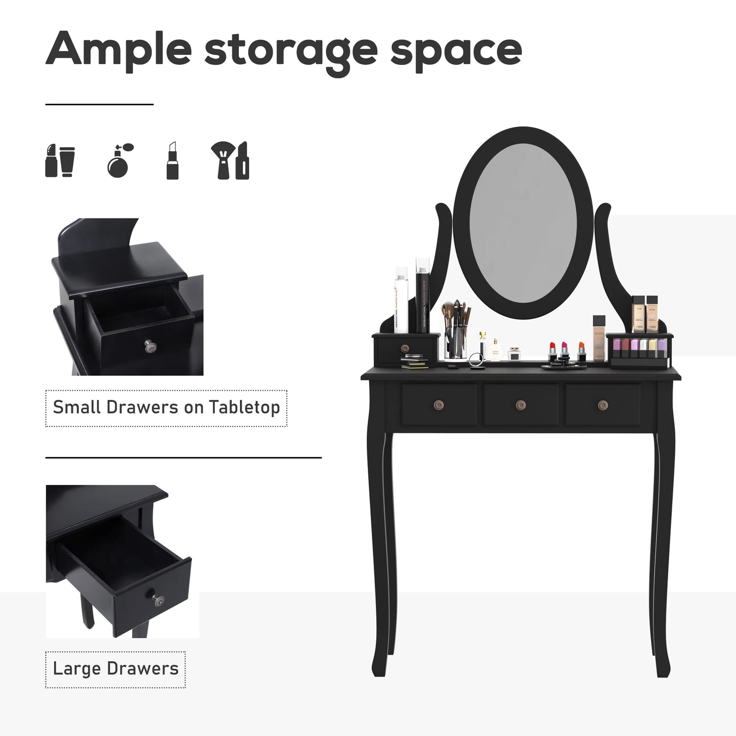 Wooden Vanity Table Set, Makeup Dressing Table with 360° Rotating, 5 Drawers and Padded Stool, Black