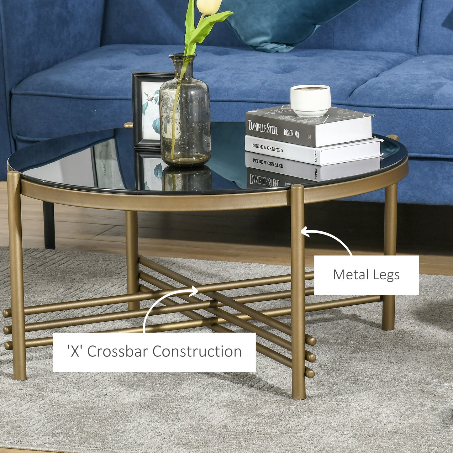 Round Coffee Table with Tempered Glass Top and Golden Metal Legs, Accent Cocktail Table for Living Room