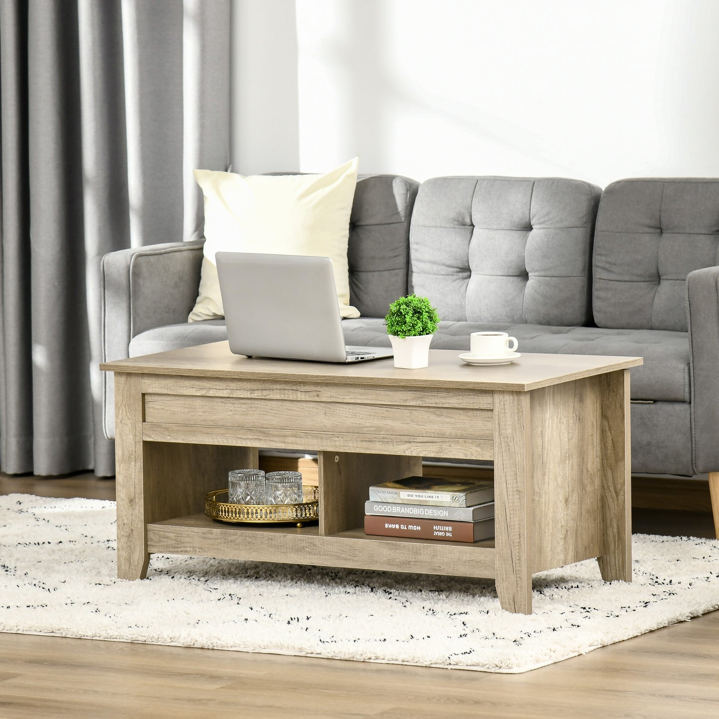 Top Coffee Table with Hidden Storage Compartment and Open Shelves, Lift Tabletop Pop-Up Center Table for Living Room, Oak Effect