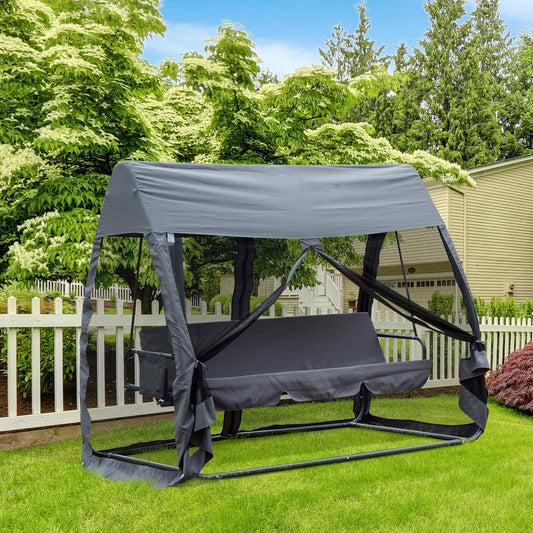 Outsunny Outdoor Convertible 3 -Seat Porch Swing Chair Bed Hammock Lounger w/Nettings Grey