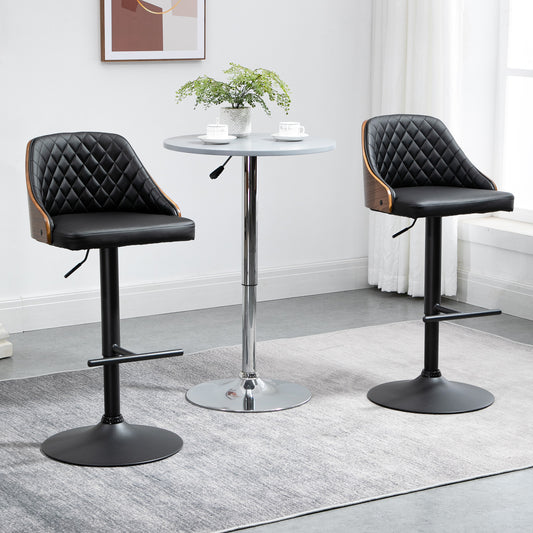 Modern Bar Stools PU Leather Set of 2 Swivel Bar Height Barstools Chairs with Adjustable Height, Round Heavy Metal Base and Footrest, Black