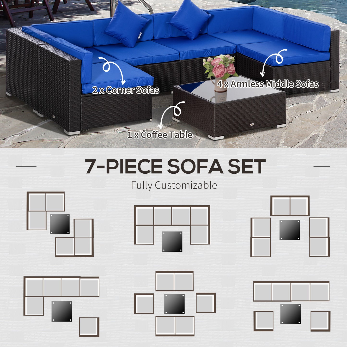 Outsunny 7 Pieces Outdoor Rattan Furniture Set, Patio Wicker Sectional Conversation Sofa Set w/ Cushions & Tempered Glass Coffee Table, Perfect for Garden, Lawn, and Deck, Blue