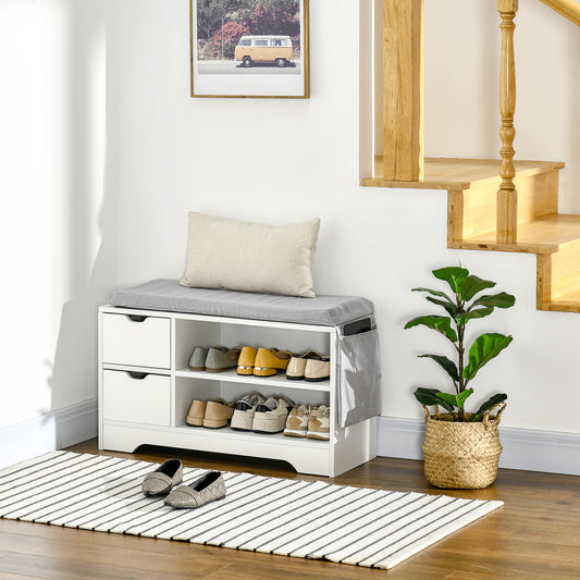 Modern Shoe Bench with Storage, Upholstered Entryway Bench with Shelves, Drawers, Side Pocket for Living Room, Hallway, White