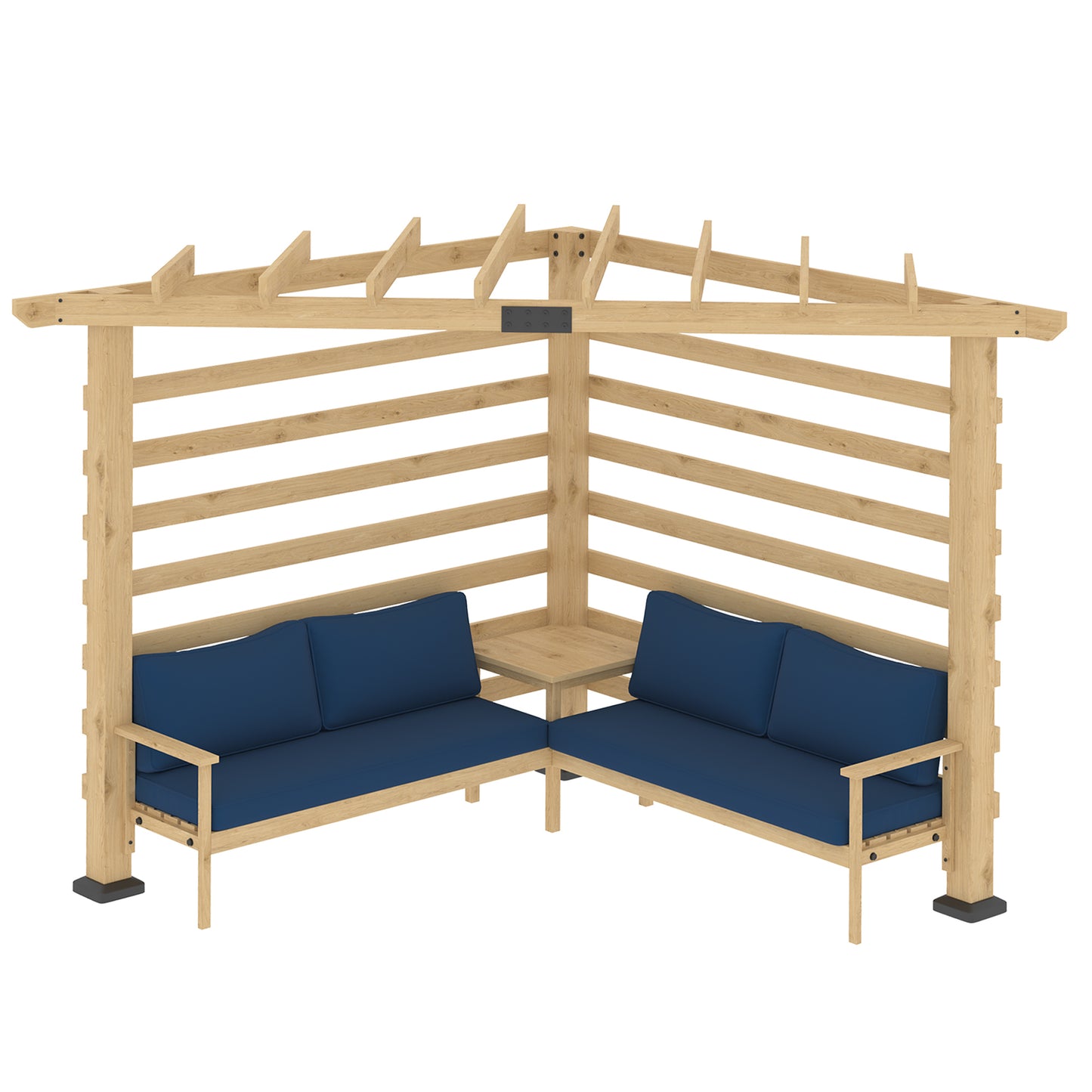 Outsunny 9' x 9' Corner Pergola with Conversation Set and Cushions, Fir Wood Outdoor Pergola with End Table, Natural and Blue