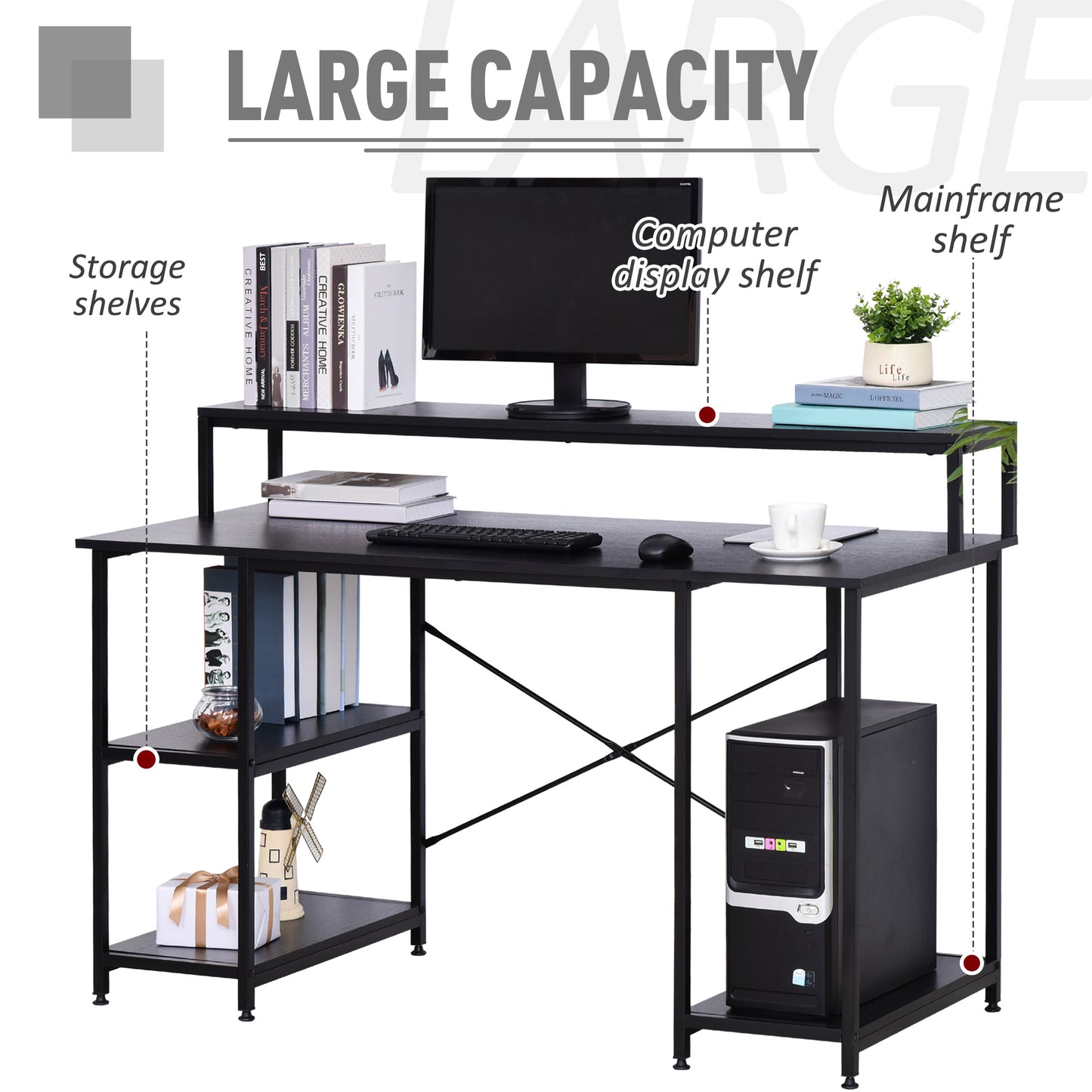 Computer Desk with Shelves and CPU Stand, Home Office Desk Workstation with Adjustable Feet, Black Wood Grain