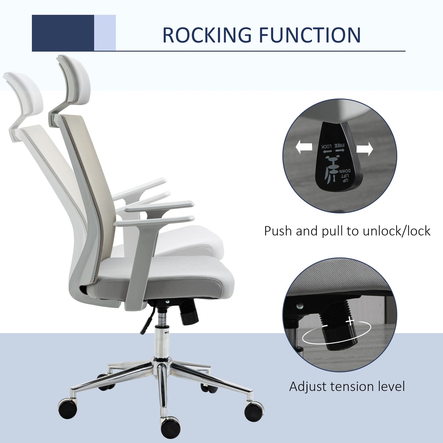 High Back Office Chair Swivel Task Chair with Lumbar Back Support, Breathable Mesh, and Adjustable Height, Headrest, Grey