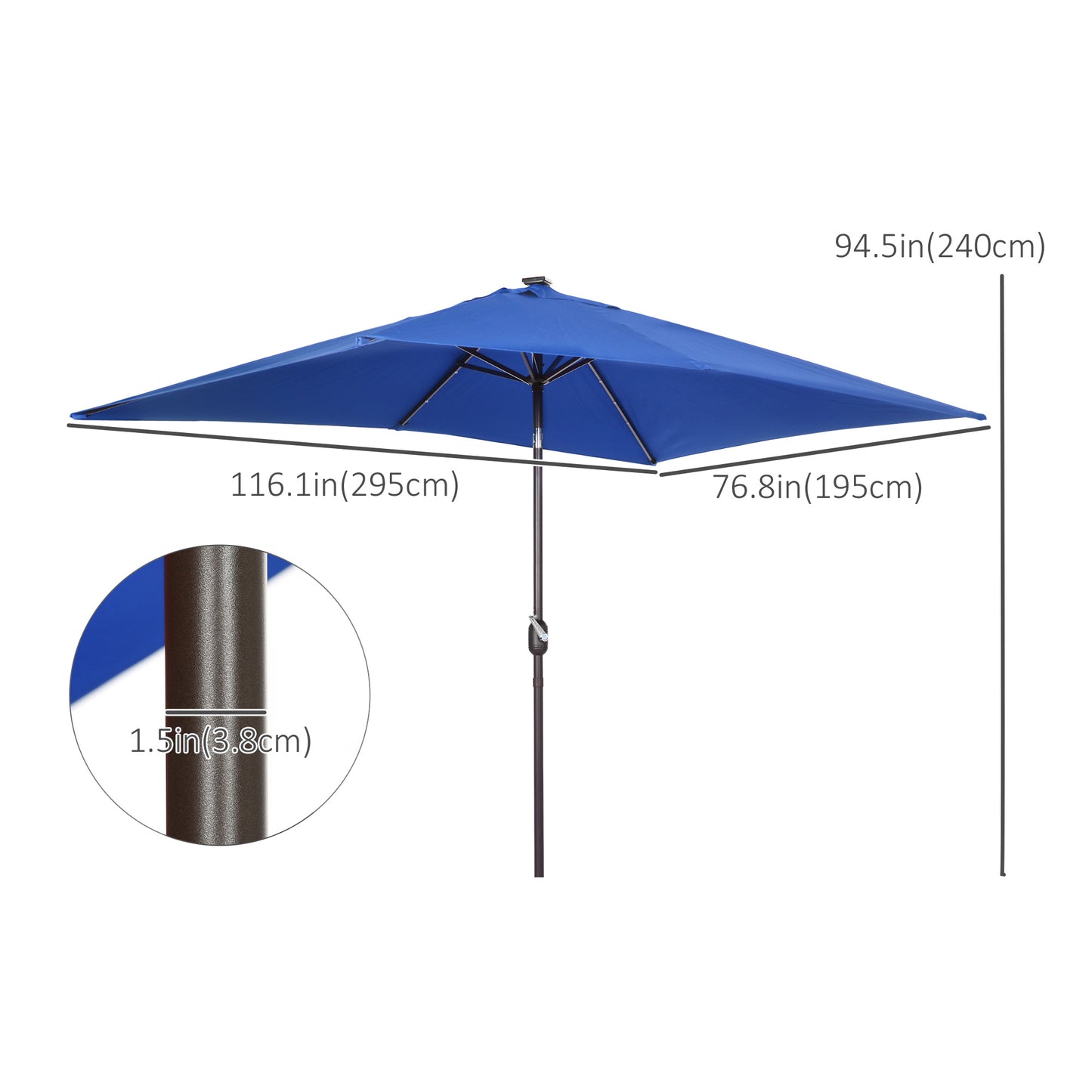 Outsunny 6.5x10ft Patio Umbrella Rectangle Solar Powered Tilt Aluminum Outdoor Market Parasol with LEDs Crank (Dark Blue)