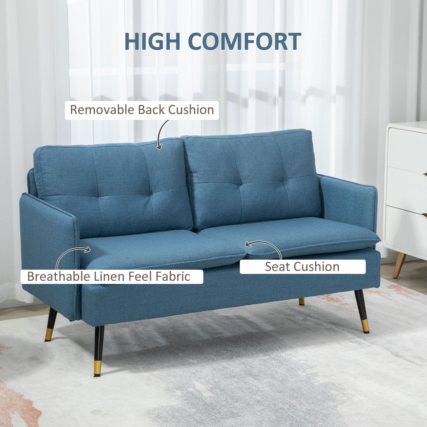 55" Loveseat Sofa for Bedroom, Modern Love Seats Furniture with Button Tufting, Upholstered Small Couch for Small Space, Dark Blue