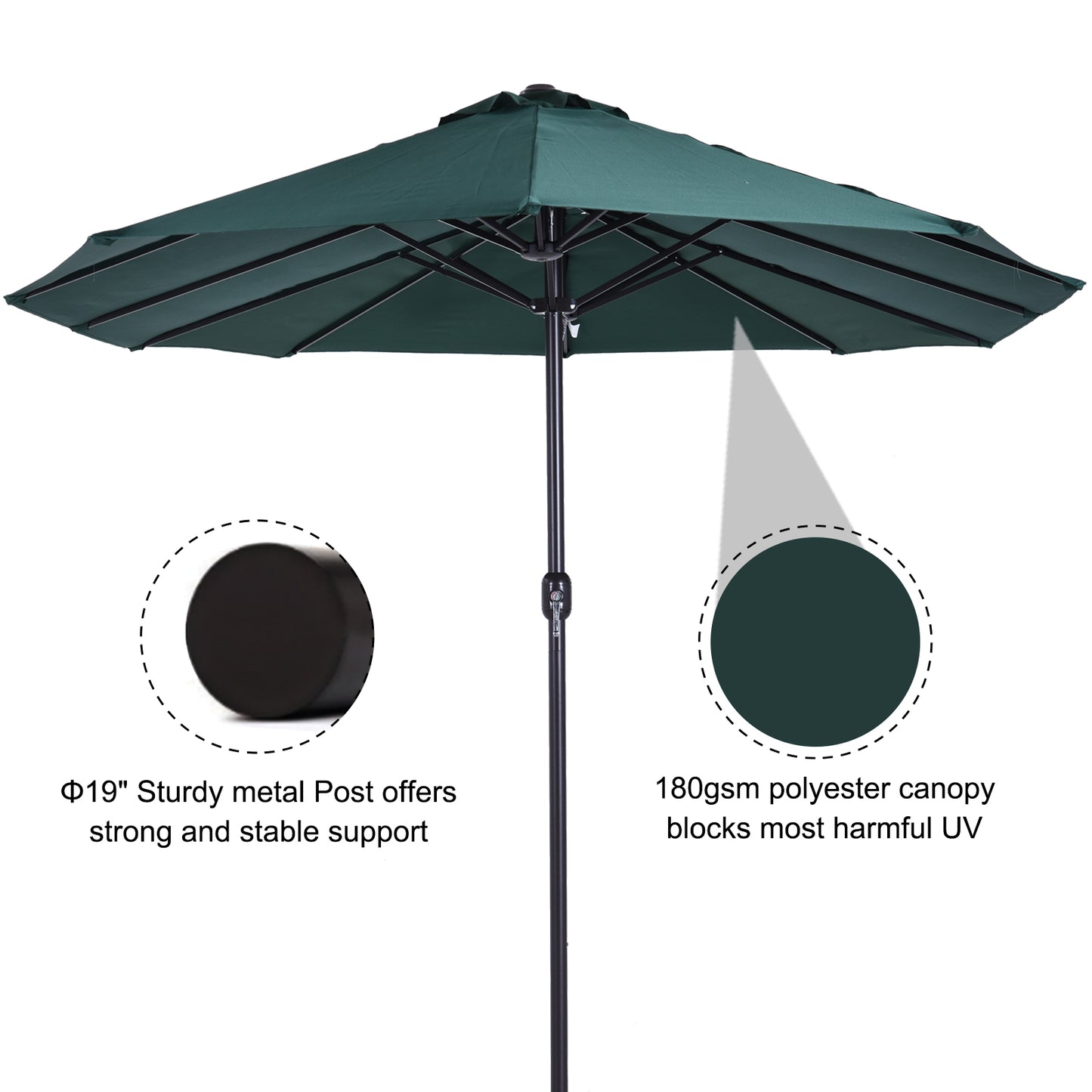 Outsunny 15' Outdoor Patio Umbrella with Twin Canopy Sunshade Steel Table Umbrella with Lift Crank Green