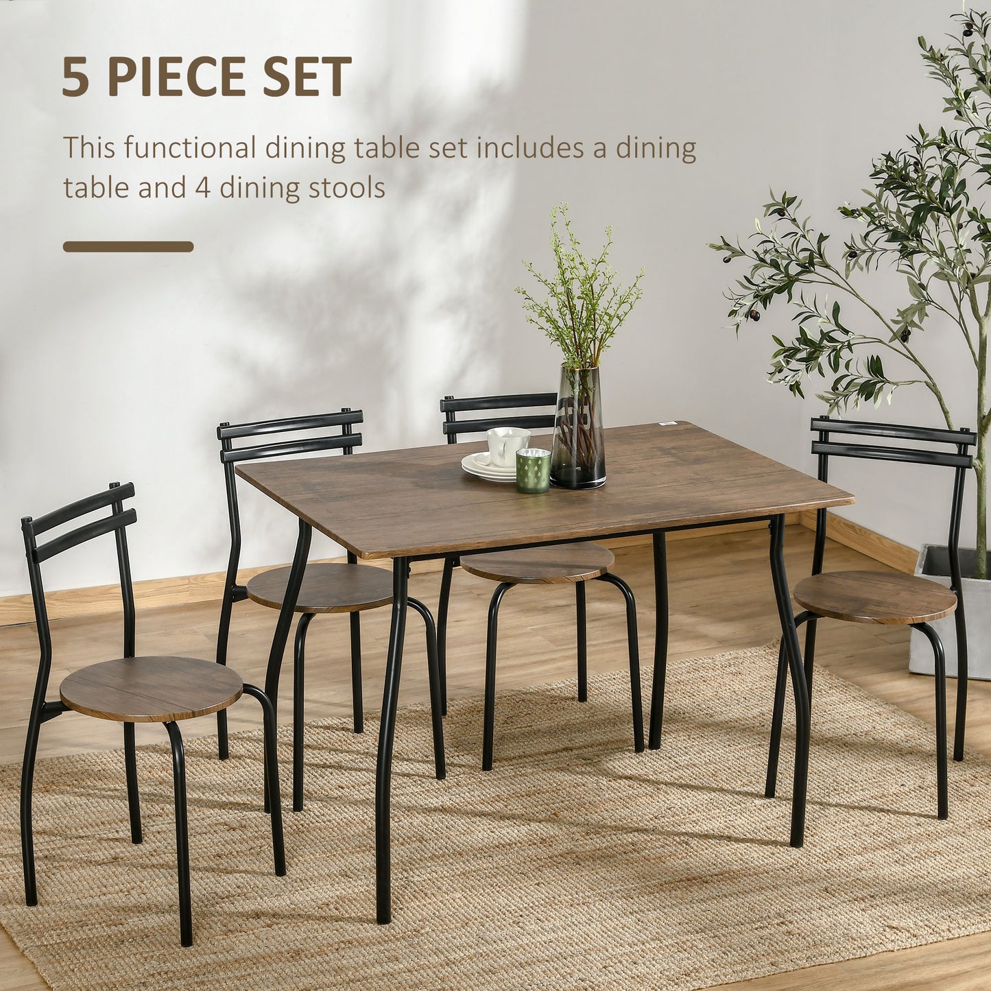 Industrial Dining Table Set for 4, Kitchen Table with 4 Chairs Steel Frame for Small Space, Dark Walnut