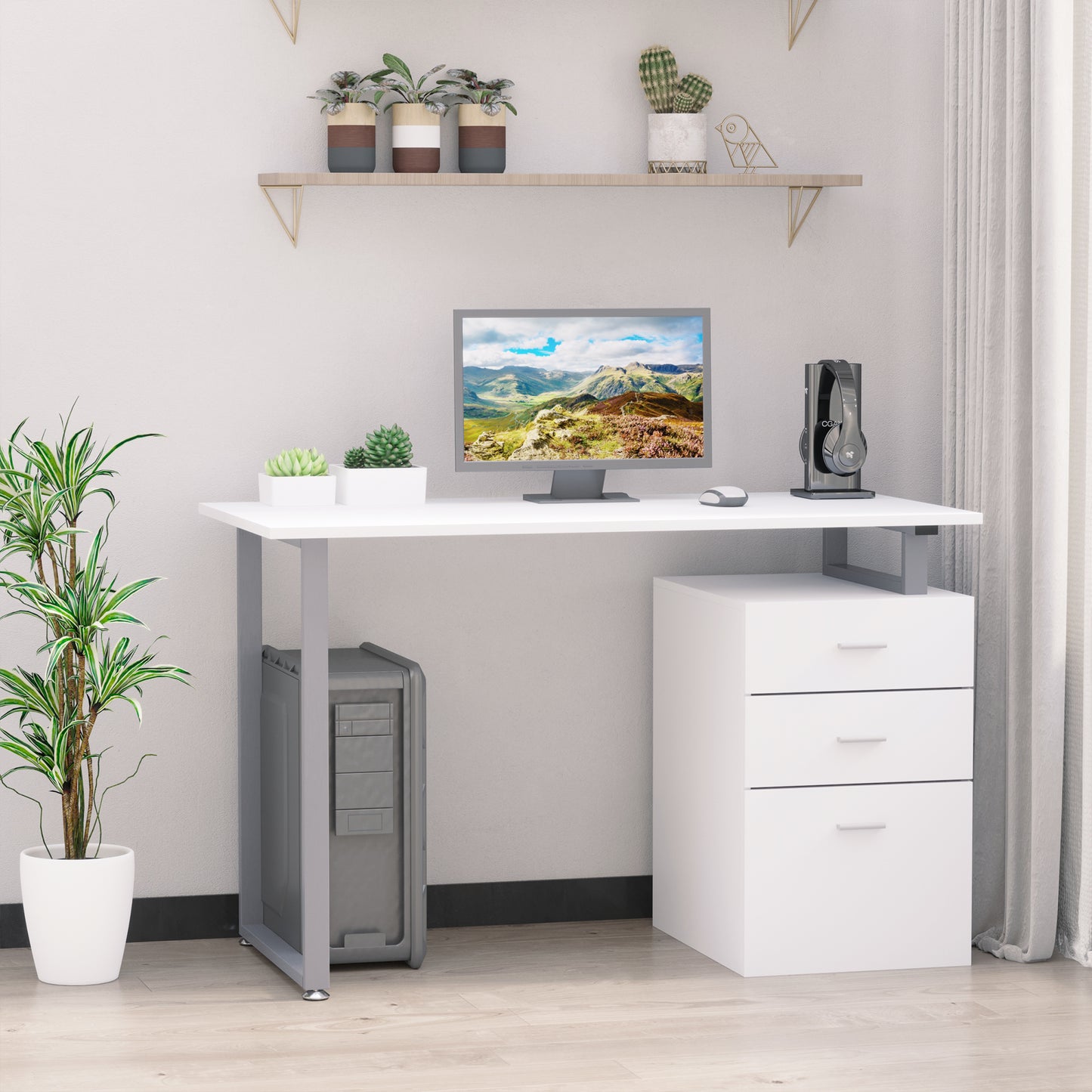 Industrial Style Office Desk Computer Desk with Multi-Use Removable File Drawers White