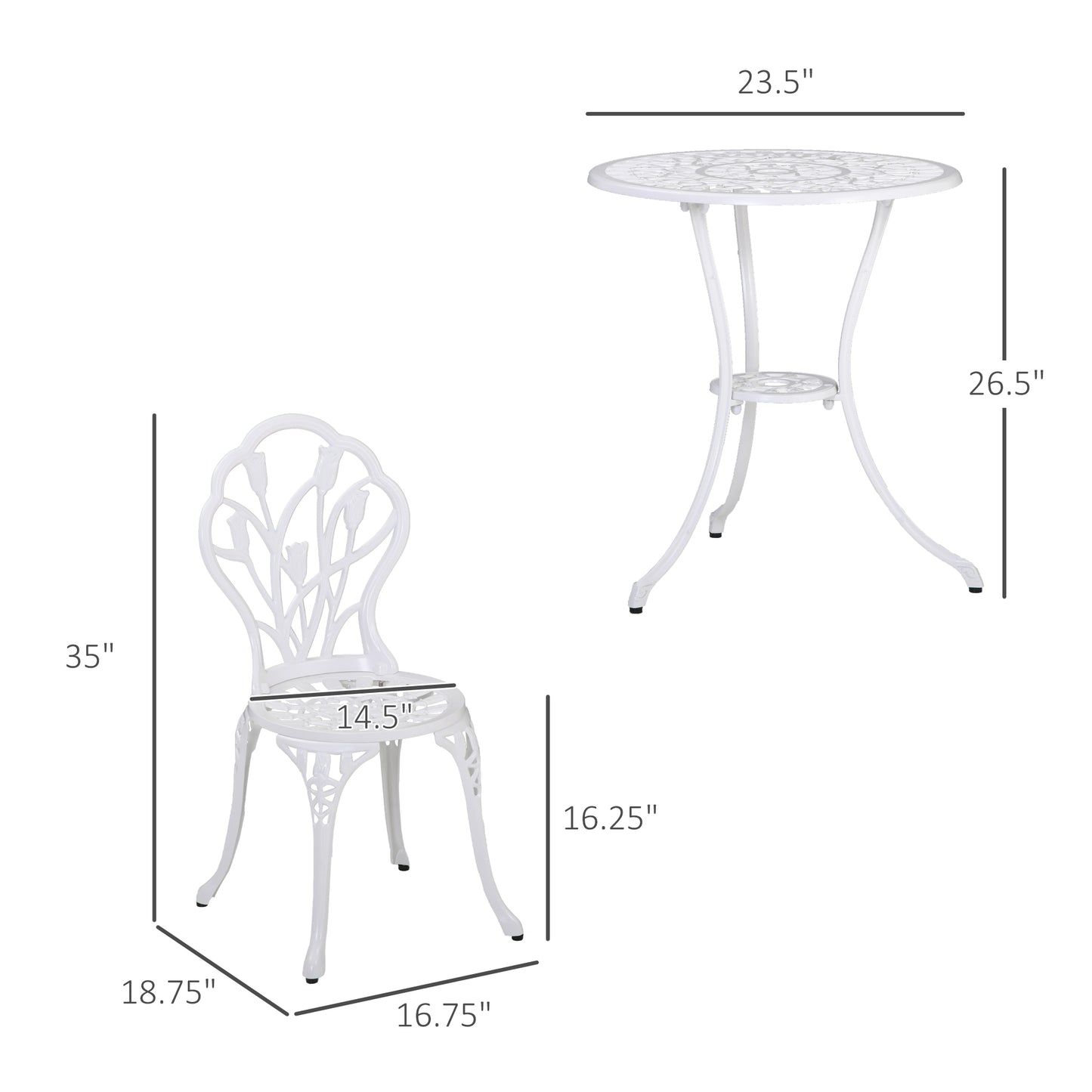 Outsunny 3PCs Patio Bistro Set, Outdoor Cast Aluminum Garden Table and Chairs with Umbrella Hole for Balcony, White