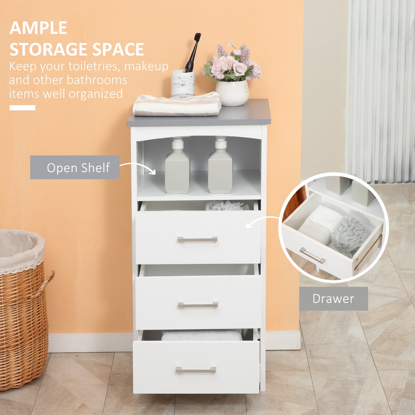 Modern Bathroom Floor Cabinet, Free Standing Linen Cabinet, Storage Cupboard with Shelf, 3 Drawers, White