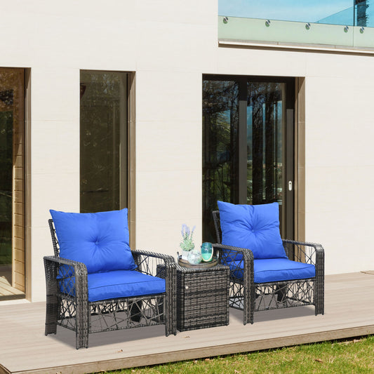 Outsunny 3 PCS Patio Wicker Coffee Table Set Bistro Conversation Furniture with Cushion & Storage Function Patio Yard Porch Blue