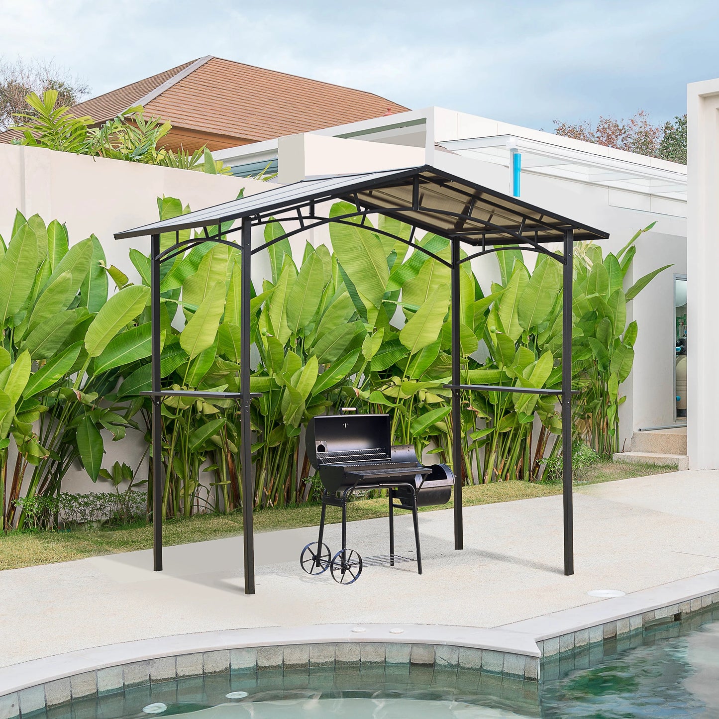 Outsunny 8' x 5' Hardtop Grill Gazebo Aluminium BBQ Canopy Gazebo Outdoor Canopy with Side Shelves