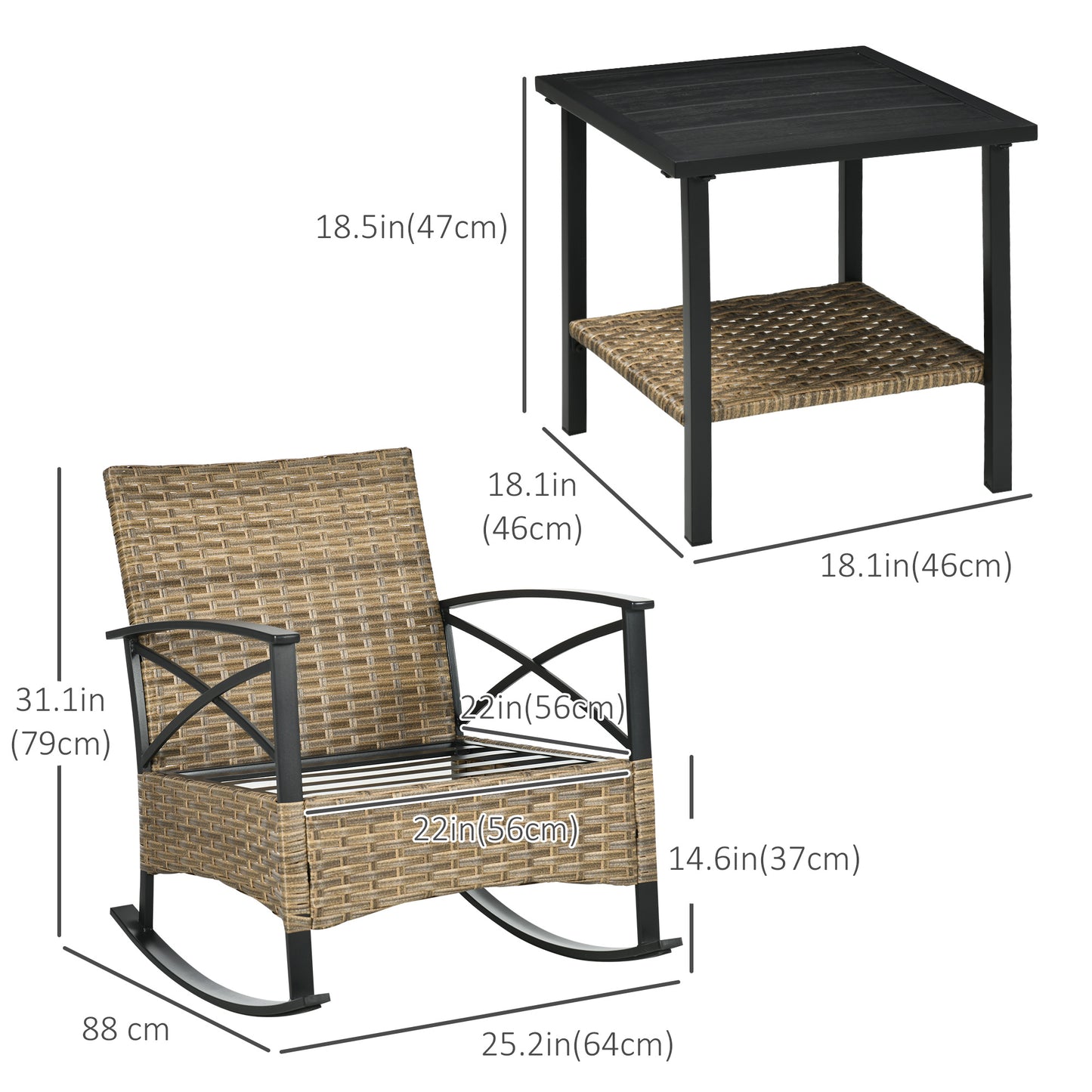 Patio Wicker 3 Pieces Rocking Chair Set, Outdoor PE Rattan Bistro Set with Padded Cushions, Rocker Chair Set and Two-tier Iron Plate Top Table for Garden, Light Gray