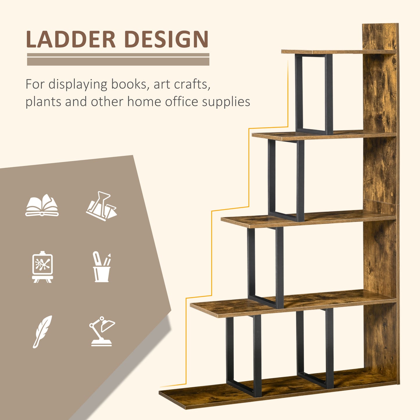 Industrial Bookcase 5-Tier Wooden Ladder Bookshelf Display Stand Organizer for Livingroom Indoor Corner Shelf - Rustic Brown