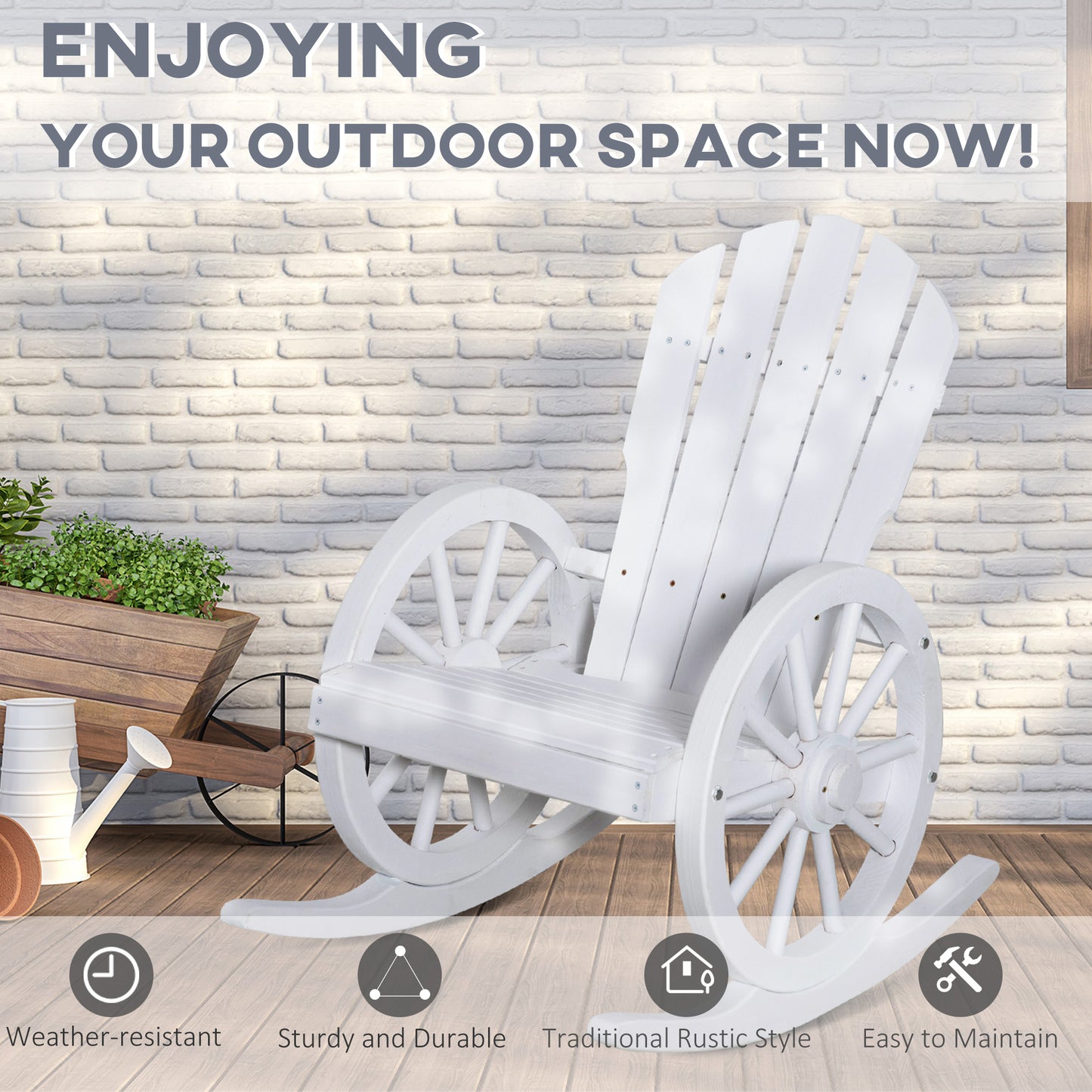 Patio Wooden Adirondack Rocking Chair, Wagon Outdoor Rocker Cahir with Slatted Design and Wheel Armrests for Porch, Poolside, or Garden Lounging, White