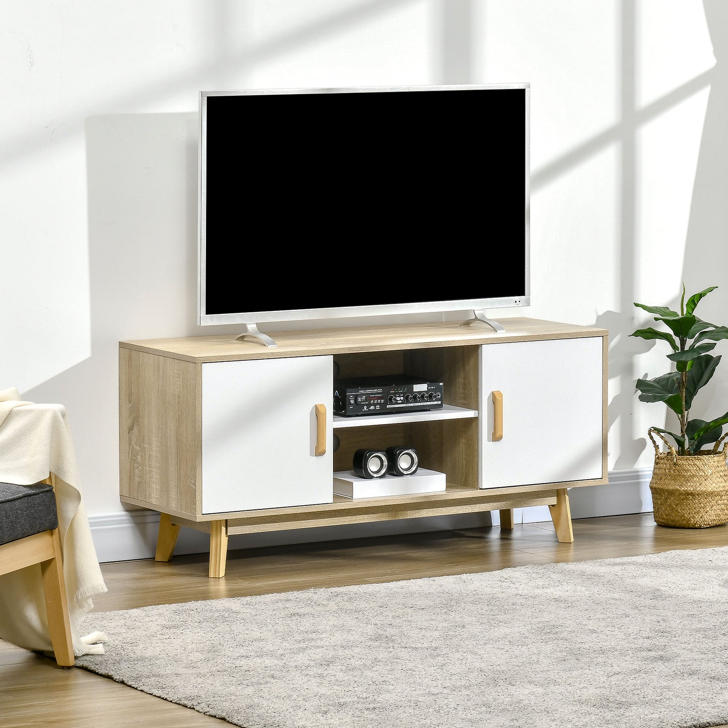 Modern TV Cabinet, TV Stand with Storage Shelves and Doors for 55" TVs for Living Room, Bedroom, Natural