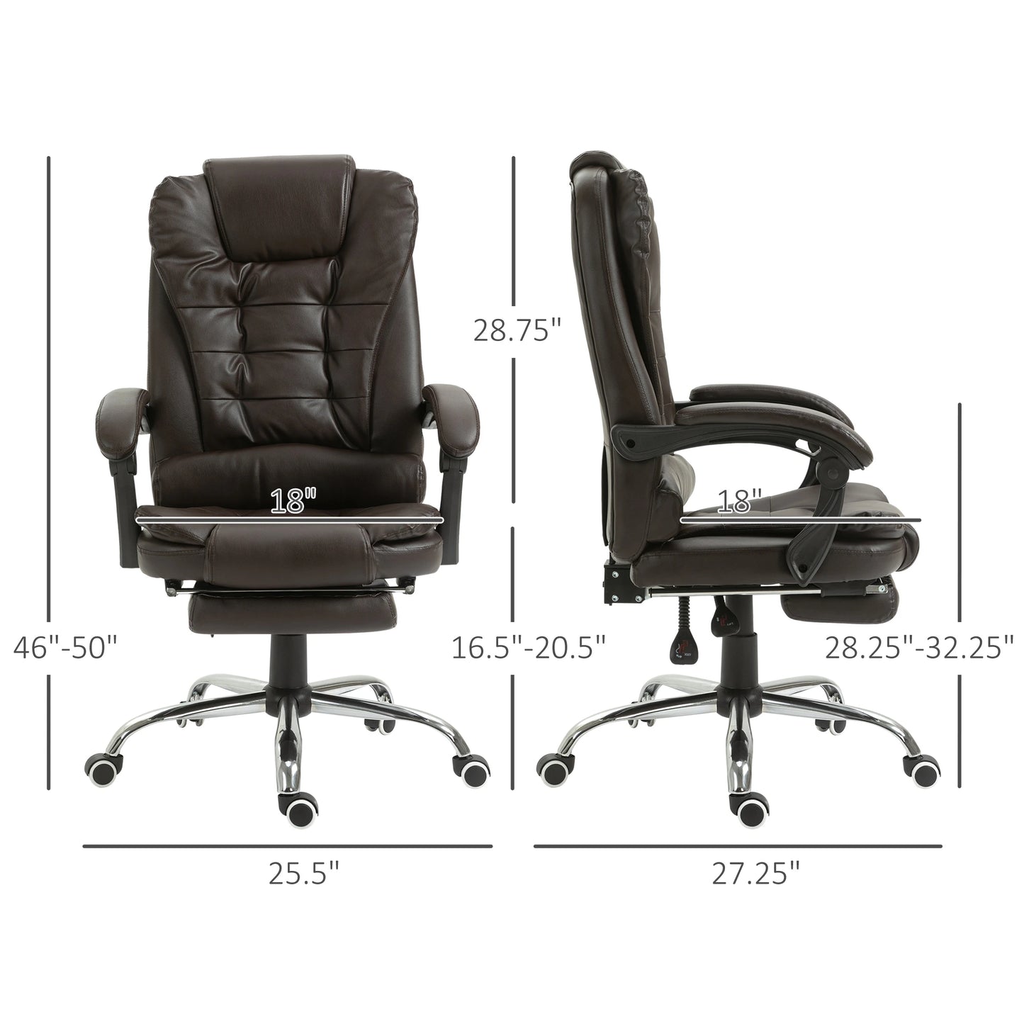 Ergonomic Executive Office Chair High Back PU Leather Reclining Chair with Retractable Footrest Lumbar Support Padded Headrest Armrest Dark Brown