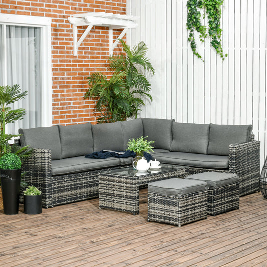 Outsunny 6 Piece Rattan Garden Furniture Set, 8-Seater Outdoor Sofa Sectional with 3 Loveseat Wicker Sofa with Cushions, 2 Footstools and Glass Table for Yard, Poolside, Gray