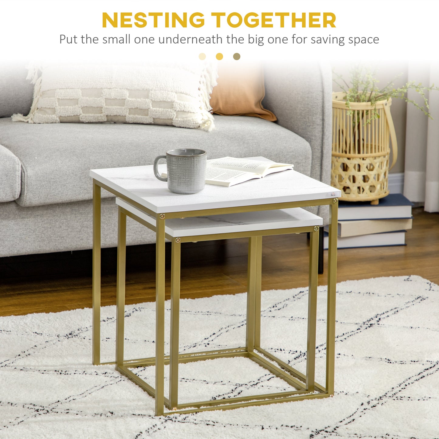 Square Nesting Tables Set of 2, Stacking Coffee Table Set with Metal Frame, Modern Coffee Table for Living Room, Bed Room, White