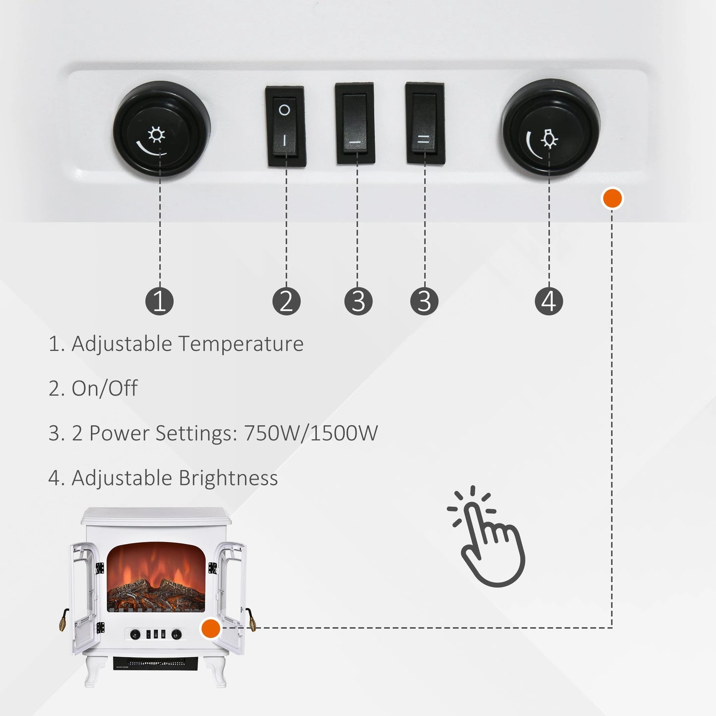 Electric Fireplace Stove Heater with LED Fire Flame Effect, Double Door, Freestanding & Portable with Overheat Protection, 750W/1500W, White