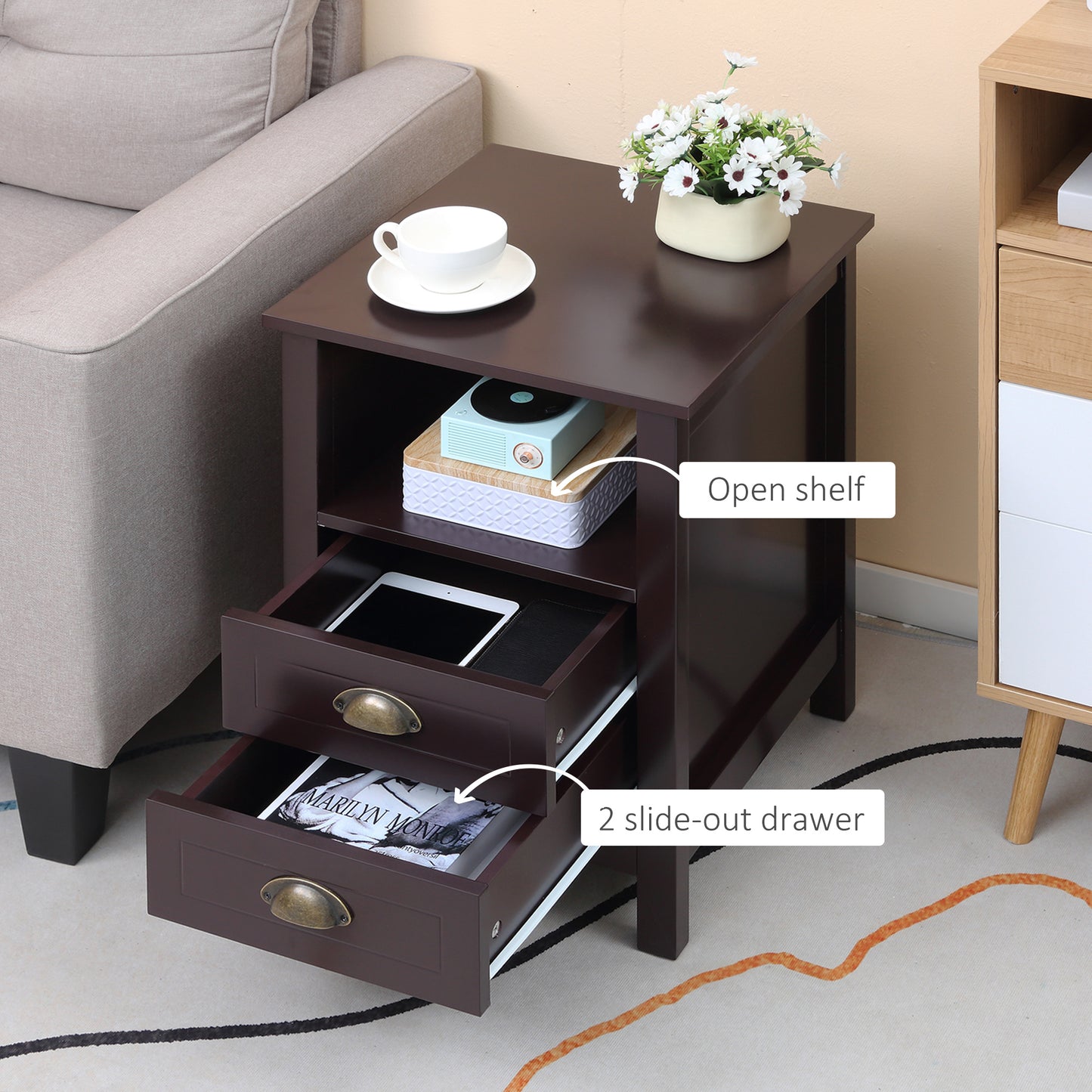 Modern End Table with 2 Drawers and Storage Shelf, Accent Sofa Side Table for Living Room, Coffee