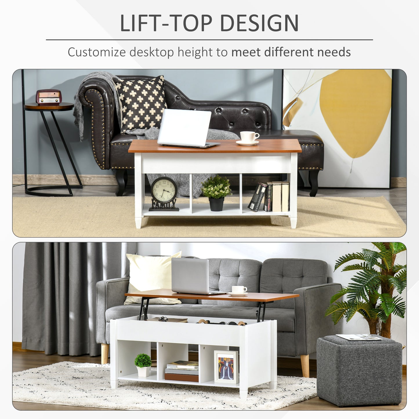 Lift Top Coffee Table with Hidden Storage Compartment and 3 Lower Shelves, Pop-Up Center Table for Living Room, White and Brown